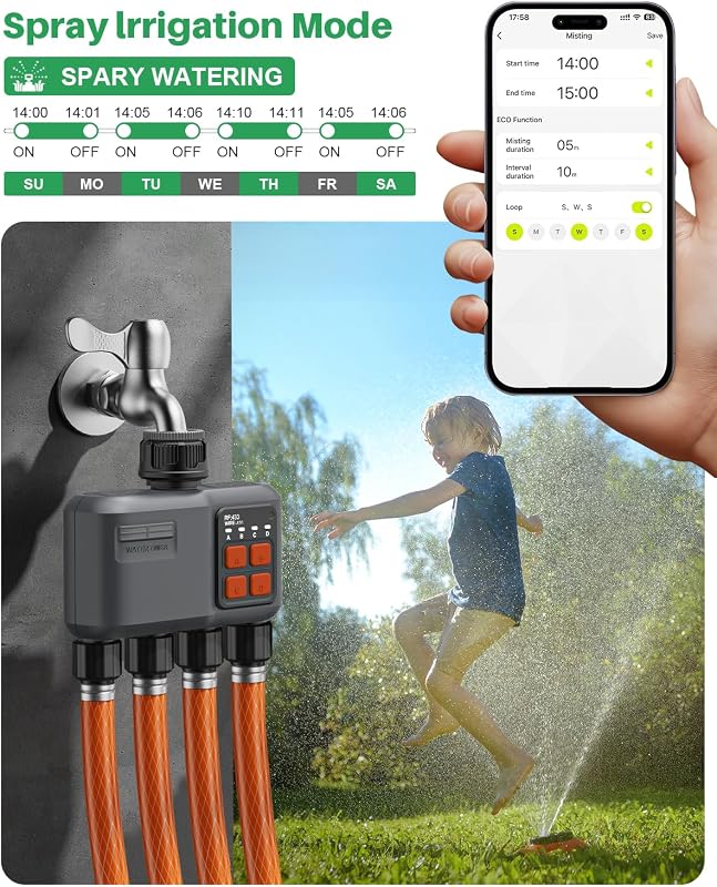 Controler de irigații WLAN johgee, 4 zone, temporizator irigații RF 300 m, sistem automat de irigare pentru grădină și gazon, compatibil cu Alexa și Smart Life