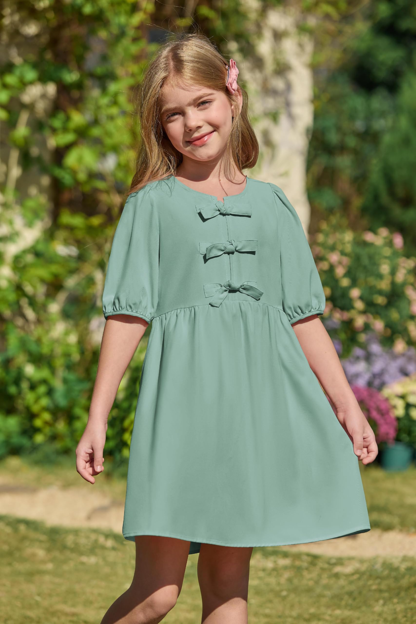 Haloumoning Dziewczęca sukienka z krótkim rękawem, okrągły dekolt, sukienka na czas wolny, z kokardką, linia A, sukienka letnia, jednokolorowa, elegancka sukienka na imprezę, urodziny, wesele