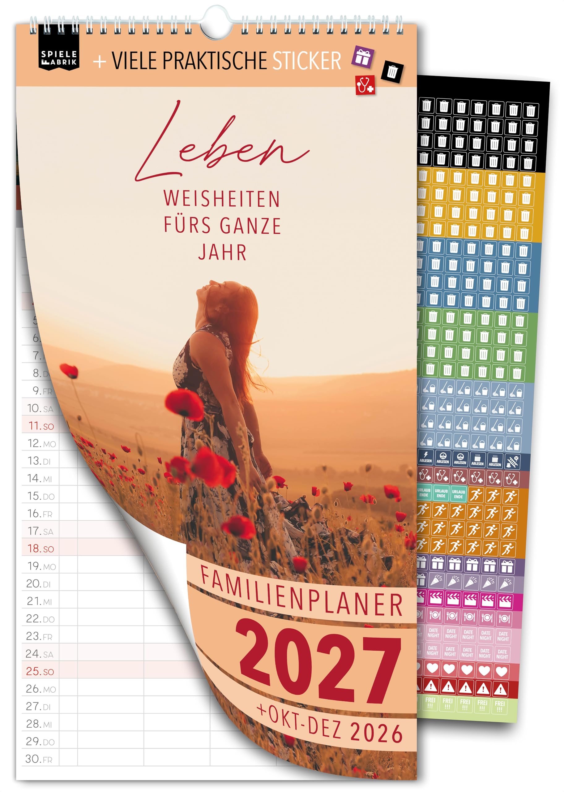 Spielefabrik® Familienkalender 2027 Familienplaner 5 Spalten WEISHEITEN 23 x 43 cm Inspirierender Sprüche Kalender Wandplaner Achtsamkeit und Zitate für mehr Gelassenheit Inkl. Sticker und Feiertage