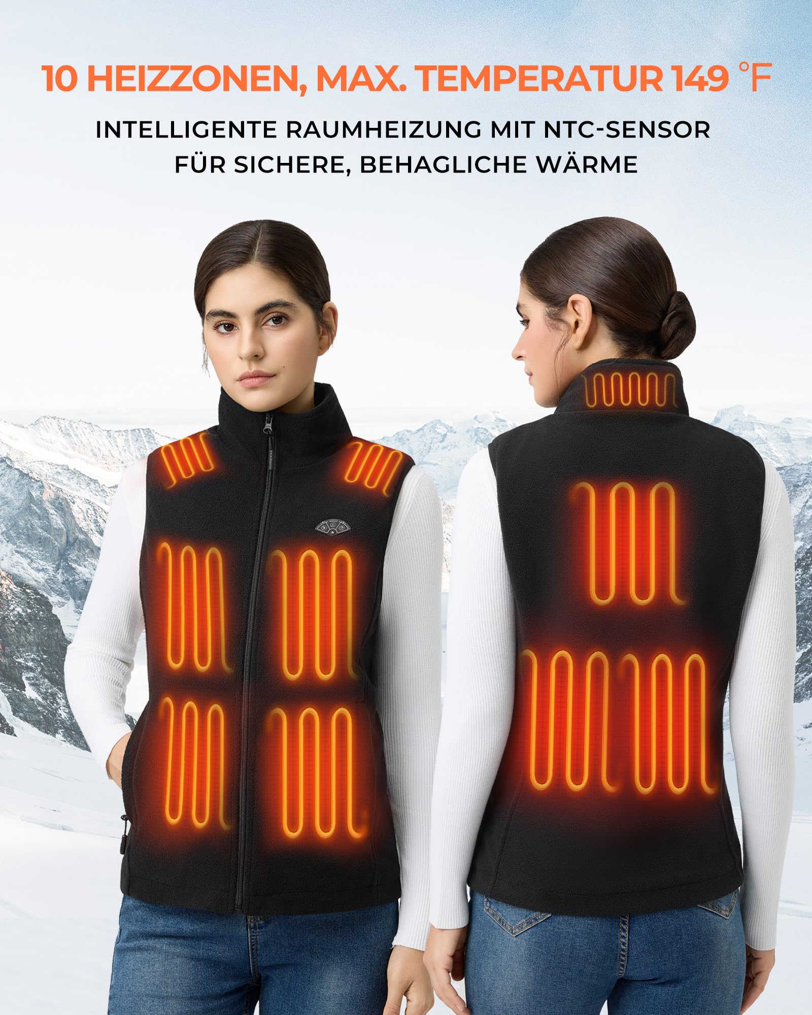 Topdot Heizweste Damen Fleece mit Powerbank 7.4V 16000mAh, 10 Heizzonen Beheizbare Weste mit 3 Temperaturstufen, Leichte Elektrische Beheizte Weste für Radfahren, Camping & Outdoor-Arbeit