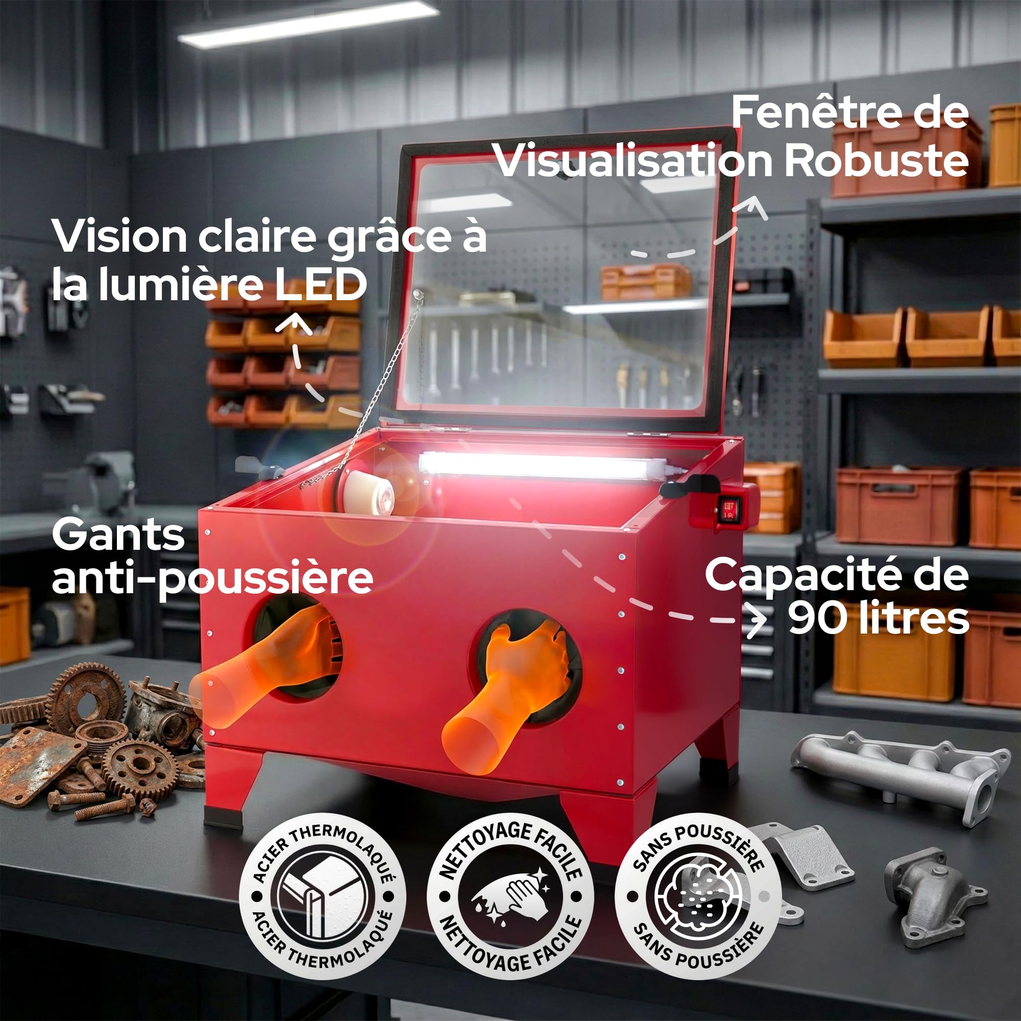 Arebos cabine de sablage 90 litres | y compris pistolet de sablage avec 4 buses en céramique | gants de travail | fenêtre de visualisation + 5 films de rechange