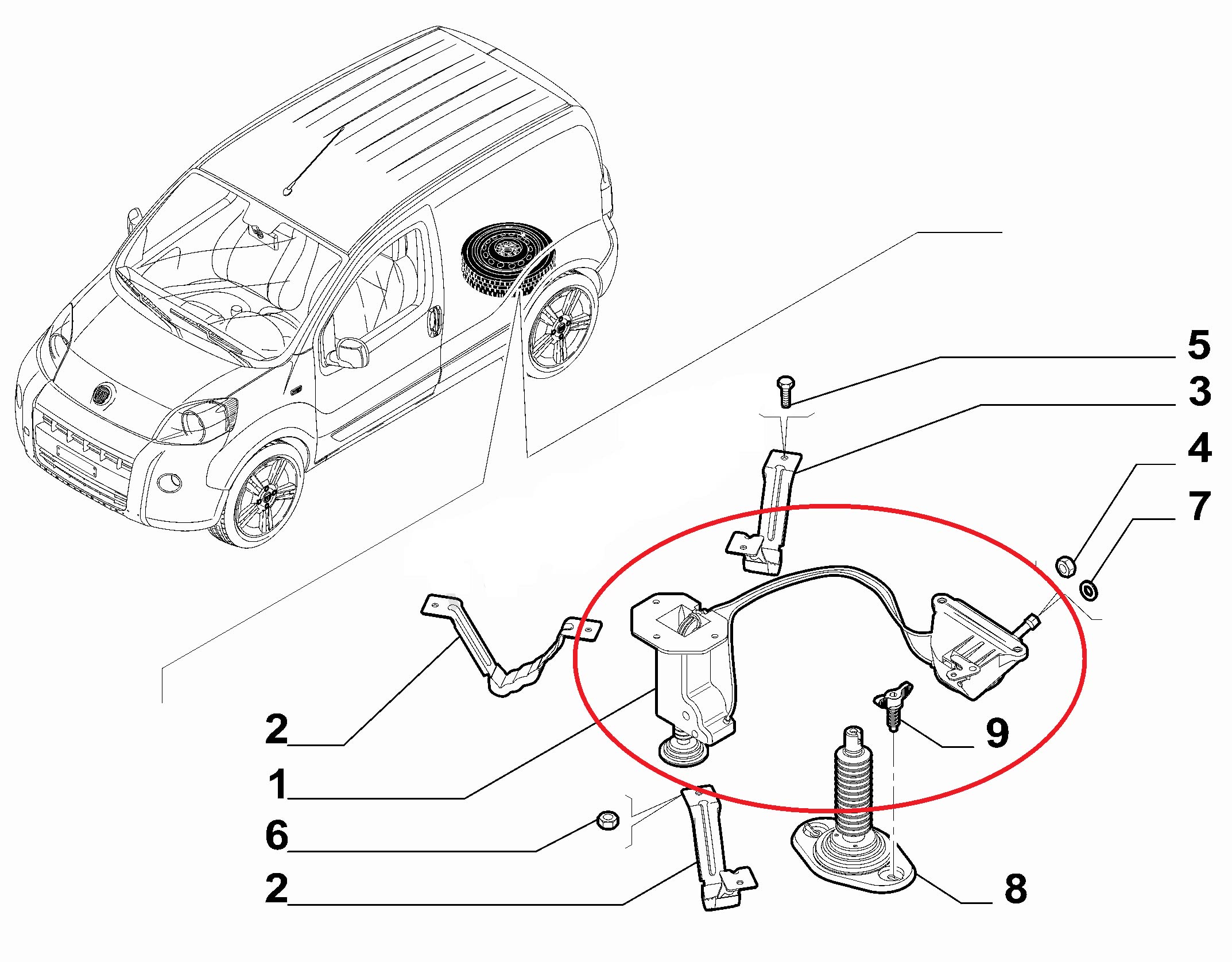 Mécanisme de libération de porte-roue de secours BIAREN pour Citroën Nemo, Peugeot Bipper, Fiat Fiorino Qubo à partir de 2008 7603W5 51910321 1608304580