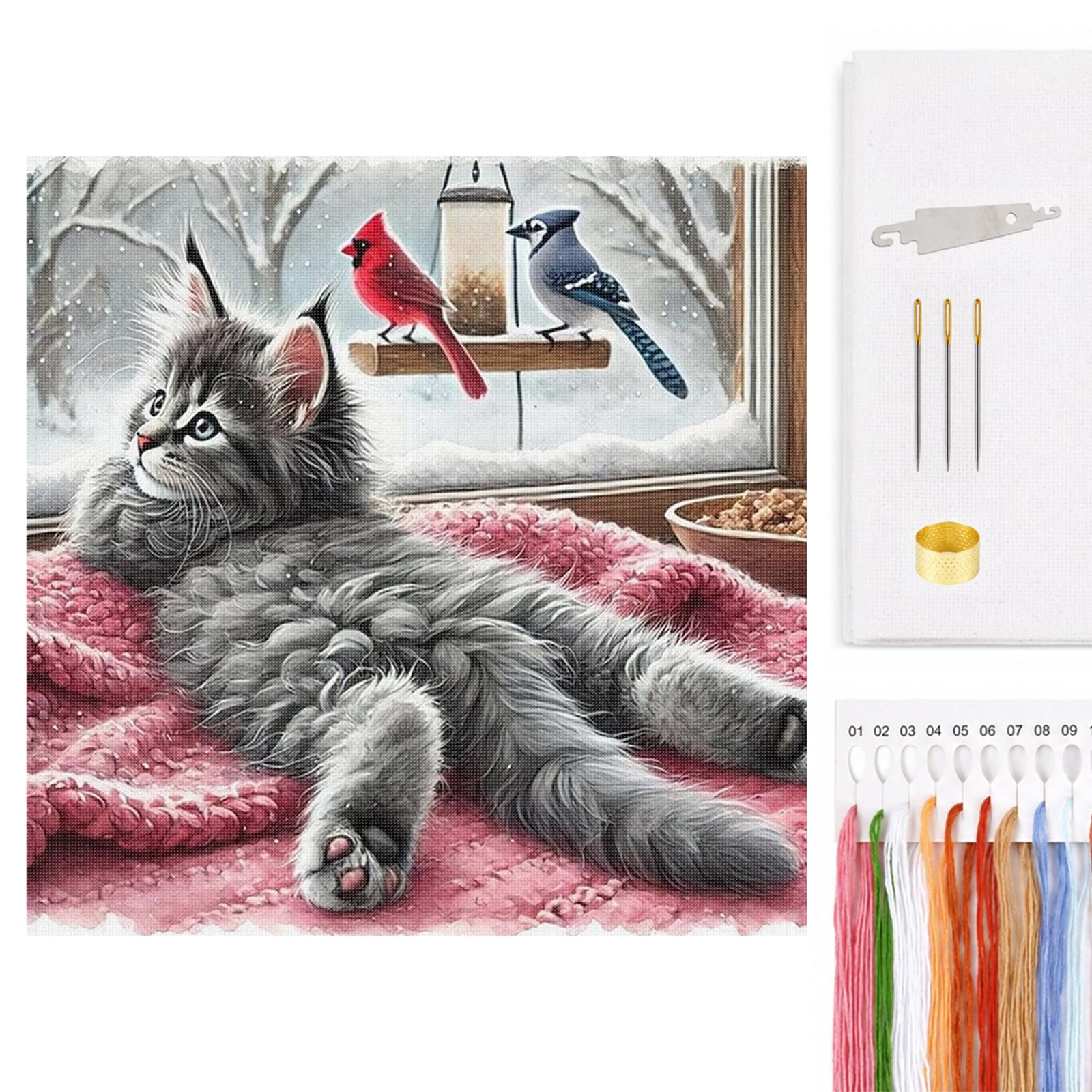 Poetrydraw Cat Full 11Ct 3 Strands Diy Counted Cross Stitch Kits Embroidery Needlepoint Starter Cross Stitch Patterns Arts Craft Kits For Beginners Adults Home Decor 40X40cm (Cat)