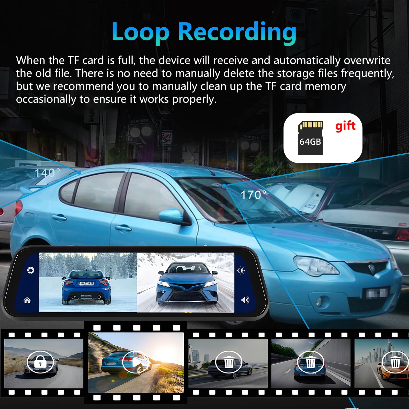 Podofo Lusterko samochodowe z bezprzewodową kamerą samochodową Apple Carplay, Android z kamerą cofania HD, ekran dotykowy IPS 9,66 cala, podwójne lusterko wsteczne 1080P, kamera samochodowa, 2