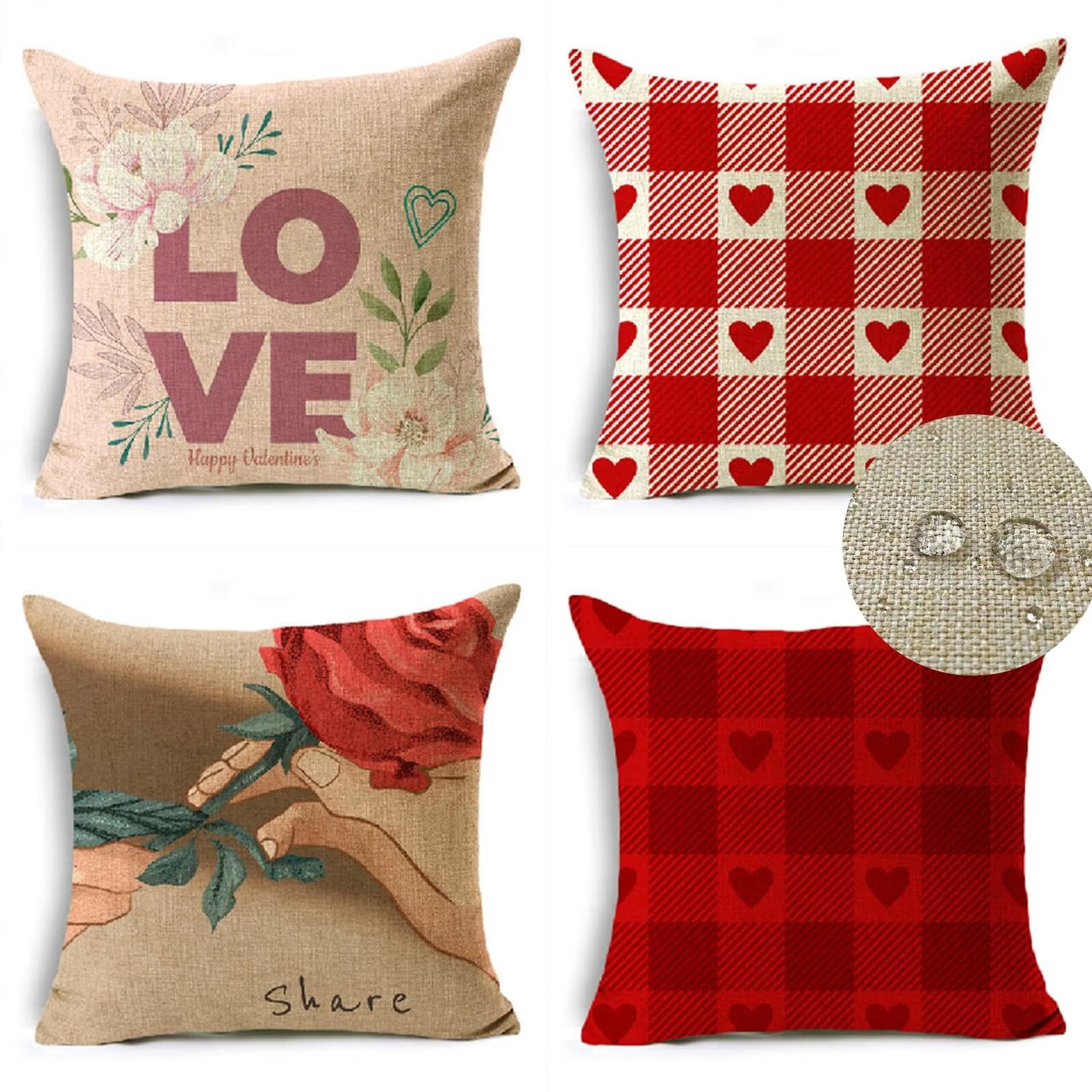 Produktbild von 4er Set Kissenbezüge 30x30cm Outdoor Wasserdichtes Leinen Kissenbezug Rot Sommer Dekorative Kissenhülle Weihnachten Garten Zierkissenbezüge Für Wohnzimmer Sofakissen Kopfkissenbezug Boho Kissen R-8606