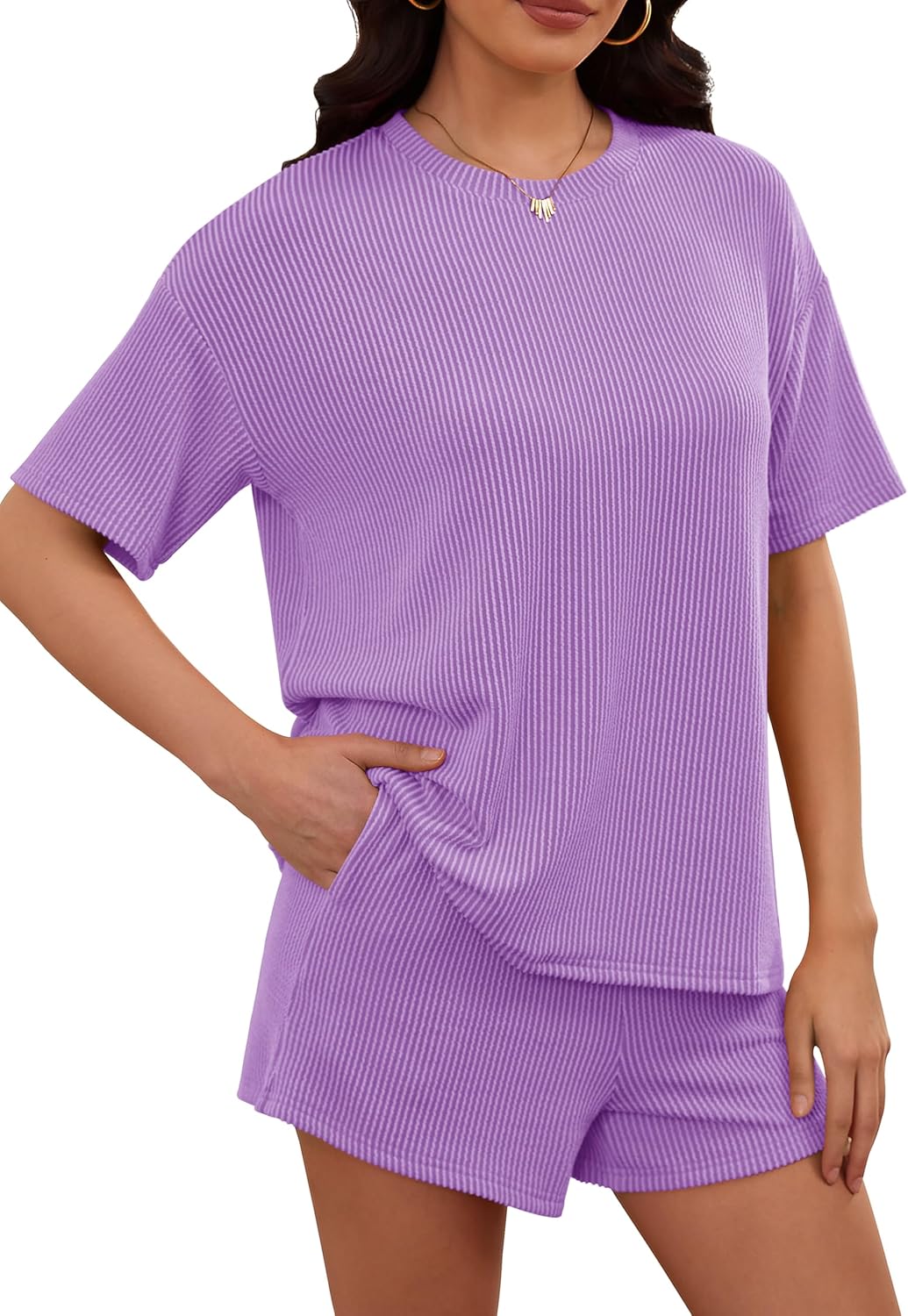 RUBZOOF Women's 2 Piece Sets Short Sleeve Outfits Ribbed Textured Knit Lounge Shorts Set Oversized Tracksuit Matching Sets - Image 2