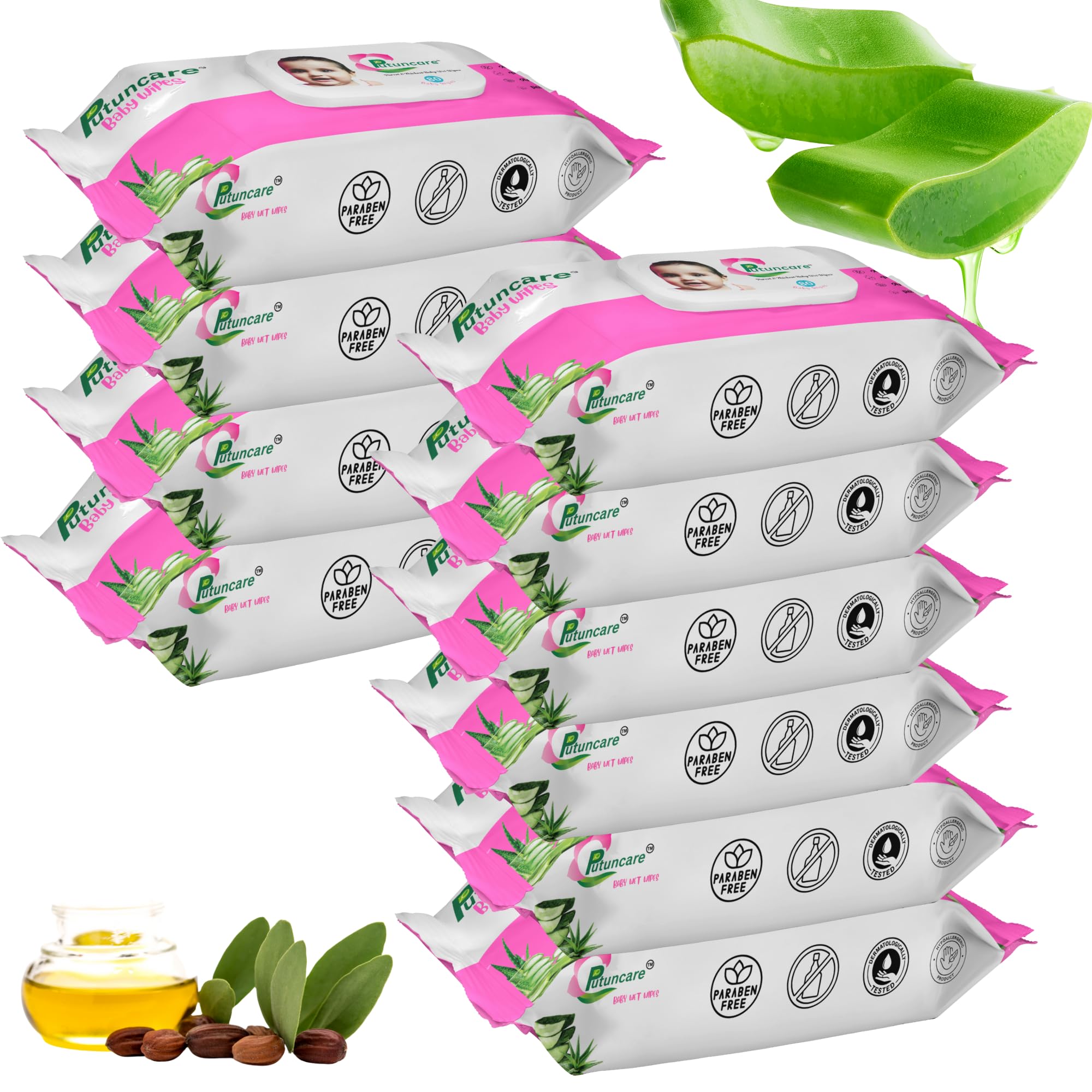 Putuncare Baby Wipes with 99% Pure Water – 80 Wipes per Pack (Pack of 10, Total 800 Wipes) | Aloe Vera & Cucumber | pH Balanced, Paraben-Free-picture-45