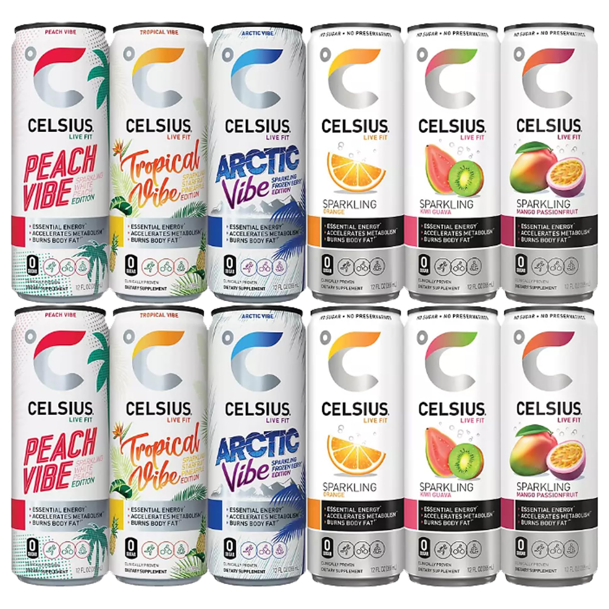 Celsius Sparkling Energy Drink Variety Pack - (12 Pack) Includes Orange, Kiwi Guava, Mango Passionfruit, Peach Vibe, Tropical Vibe and Arctic Vibe- No Sugar or Preservatives | 12 fl oz, Slim Cans