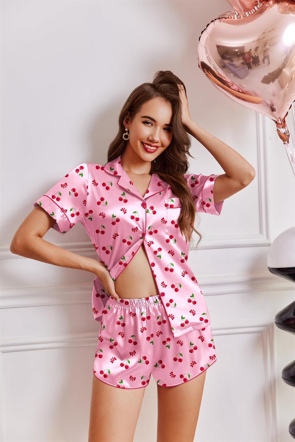 Ekouaer Womens Silk Satin Pajamas Short Sleeve PJS Shorts Set Soft Button Down Sleepwear 2 Piece Loungewear S-5XL - Image 2