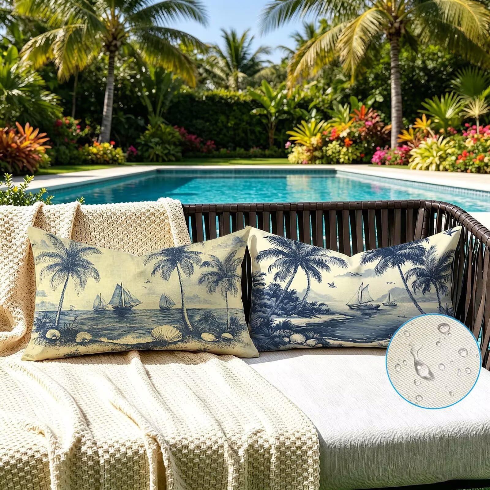Federe Cuscini Divano 40x60 cm Set di 2 Blu Cuscini da Esterno Impermeabili Rettangolari, Alberi di cocco Decorativi Copricuscini in Lino Cuscino Divano, per Estate Giardino Soggiorno Letto K-2050