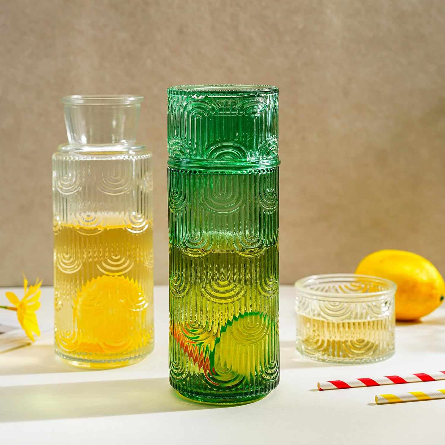 Kanpura Green Bedside Water Carafe Set with Tumbler Glass Carafe for Bedroom, Mouthwash Dispense for Bathroom, Night Stand Water Glass with Cup for Nightstand (28.5 oz /850 ml) - Image 4