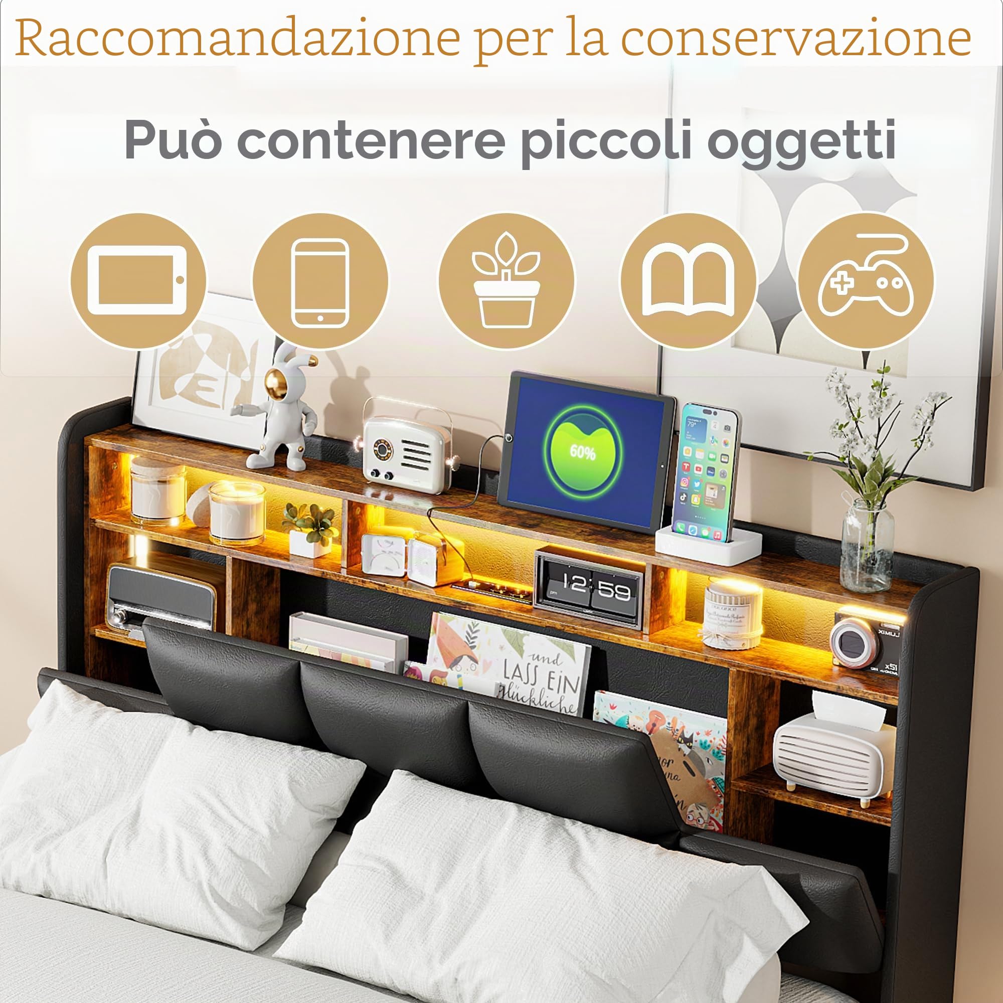 Letto imbottito 160 x 200 cm con illuminazione LED, letto matrimoniale con spazio di archiviazione e soppalco, testiera con funzione di ricarica USB tipo C e spazio di archiviazione idraulico