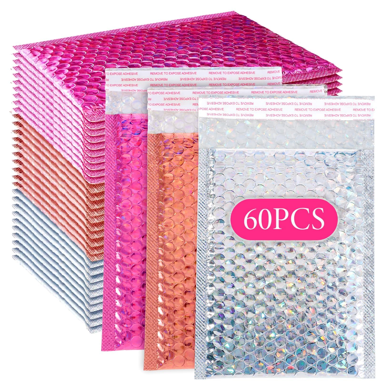 60 Pcs Bubble Mailers Holographic Bubble Mailers Opaque Padded Envelopes Self Seal Shipping Envelopes for Mailing, Packaging, Boutique, Thick Bubbles