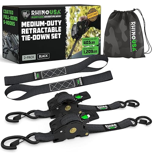 Rhino USA Retractable Ratchet Straps (2-Pack) - 1 Inch x 10 Feet (1,209lb Break Strength) - Auto Self Retracting Tie Down Straps for Truck, Cargo Trailer, Motorcycle, ATV, UTV - Black