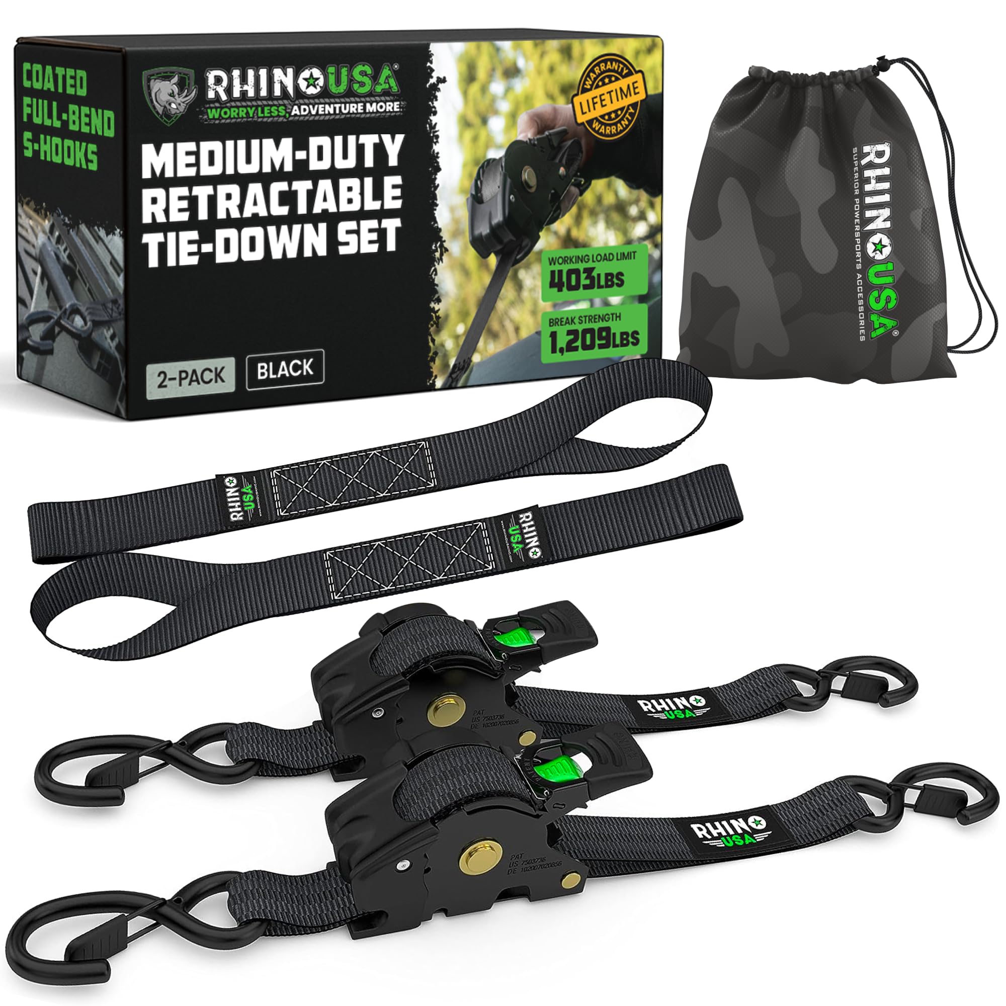 Rhino USA Retractable Ratchet Straps (2-Pack) - 1 Inch x 10 Feet (1,209lb Break Strength) - Auto Self Retracting Tie Down Straps for Truck, Cargo Trailer, Motorcycle, ATV, UTV - Black