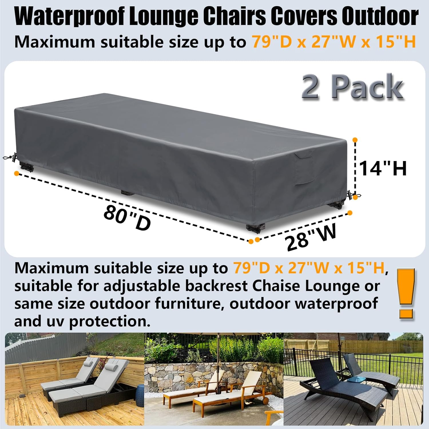 Waterproof Patio Lounge Chair Cover 2 Pack Outdoor Chaise Lounge Covers 600D Weather Resistant Material, UV Protection, Windproof Design Outside Furniture Covers 80" x 28" x 14" H,Grey - Image 2