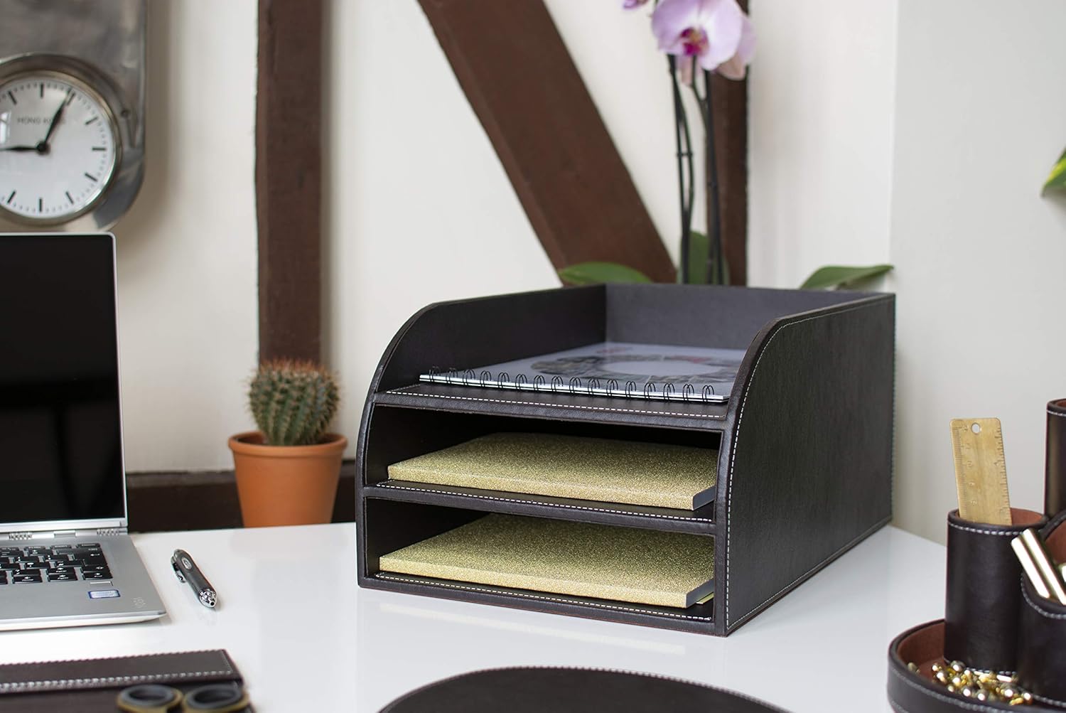 OSCO Brown Faux Leather Three Tier Letter Tray, A4 Desk File Organiser, Paper Storage, Office Document Sorter, Paperwork Filing, Desktop Storage, No Assembly, Home Office, H17.5 x W25 x D37.5 cm