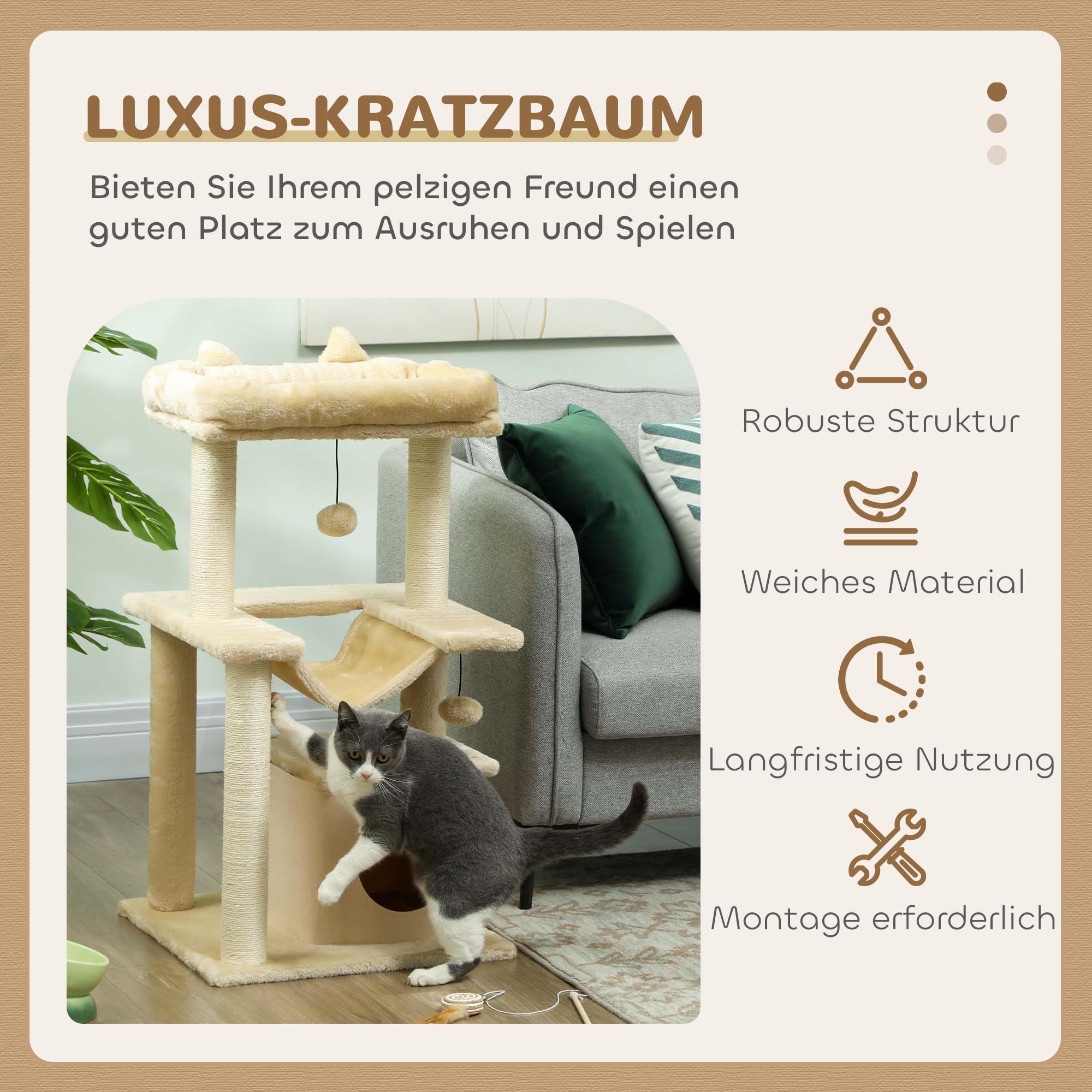 PawHut Drapak 90 cm z hamakiem dla kotów poniżej 4 kg kremowo-biały | Wieża dla kota, jaskinia, 2 pluszowe bale, pnie sizalowe, platformy, wielopoziomowy drapak dla kota, drzewko wspinaczkowe