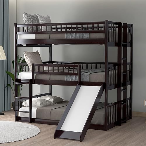 Harper & Bright Designs Triple Bunk Bed for 3 Kids, Full Over Full Bunk Beds with Slide and Built-in Ladder, Convertible Bunk Bed with Guardrails for Teens Adults, Space Saving, Espresso