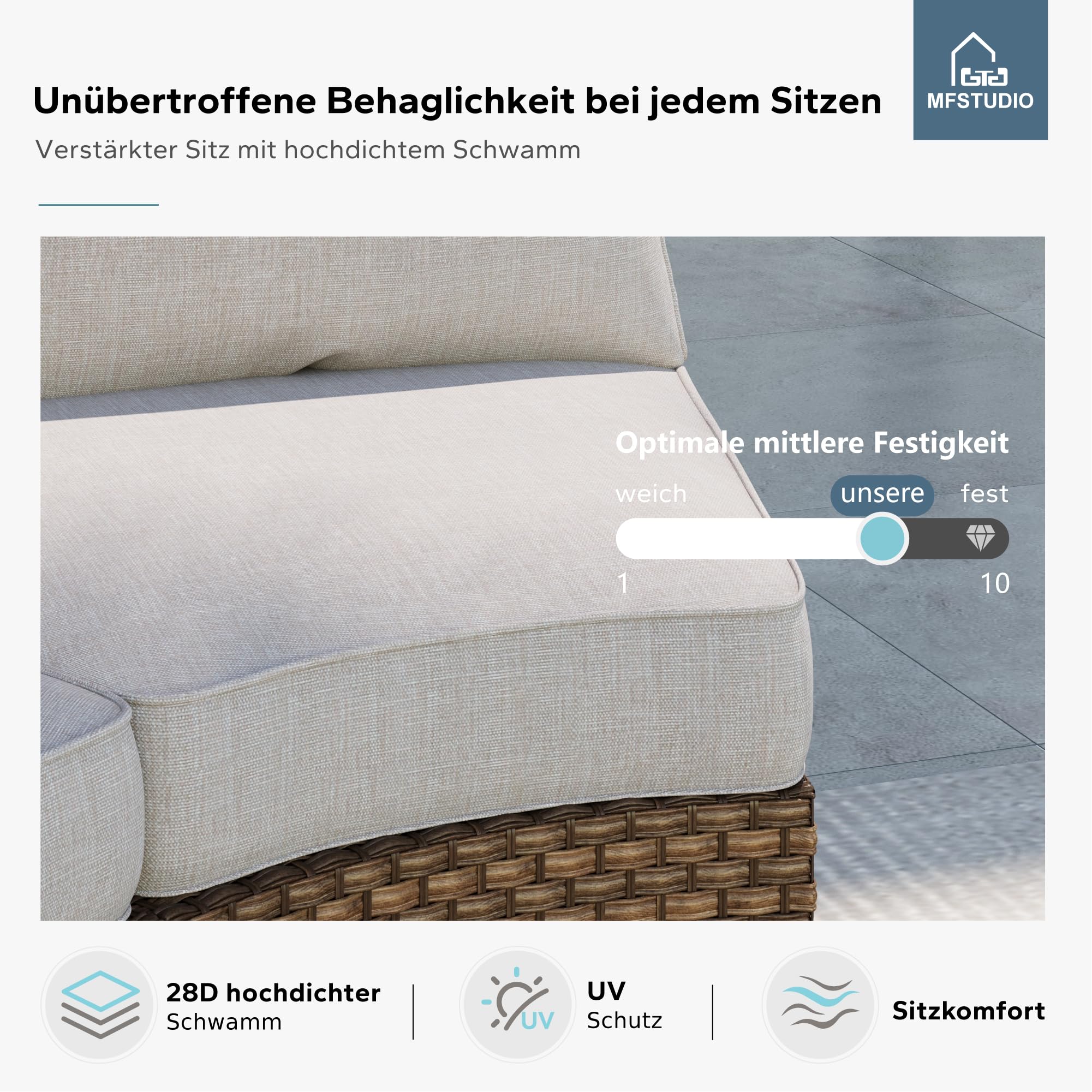 MFSTUDIO Polyrattan Lounge Set, Aktualisierte Rippen, 20% Dicker als Andere, Cushion PRO Fabric Wasserdicht, Leicht zu Reinigen. Gartenmöbel Wetterfest, Sitzgruppe für Garten.