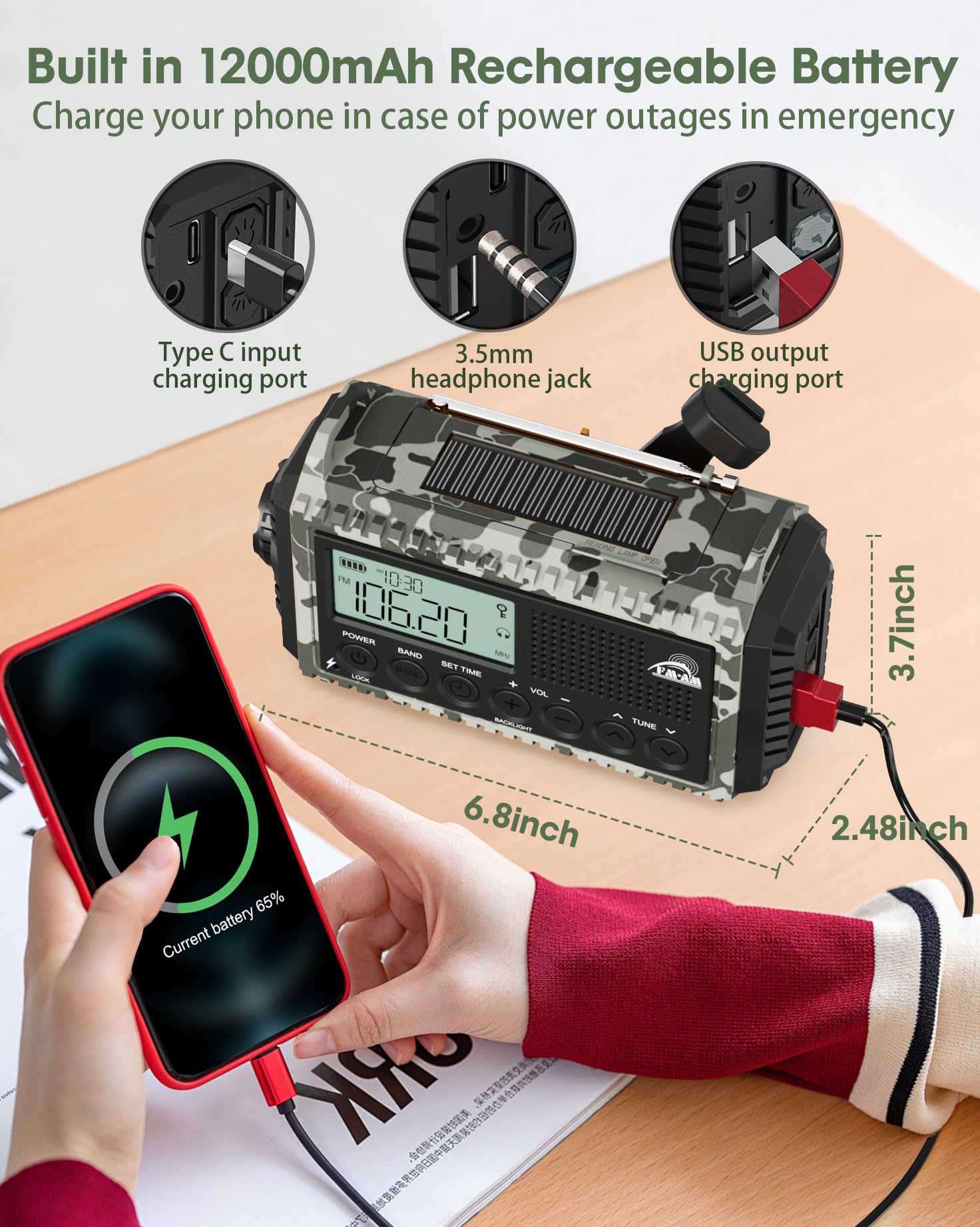 Radio de manivela, radio de emergencia con banco de energía de 12000 mAh, AM/FM/SW portátil, funciona con pilas, manivela de 5 vías con receptor mundial, como cargador de linterna, para exteriores,