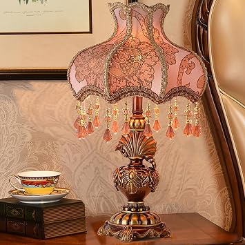 Victorian Style Table Lamp,Antique Fabric Table Lamp,European Nightstand Lamp,Decorative Desk Lamp,Floral Table Light with Fringe & Lace,Bedside Light for Bedroom Living Room Button Switch