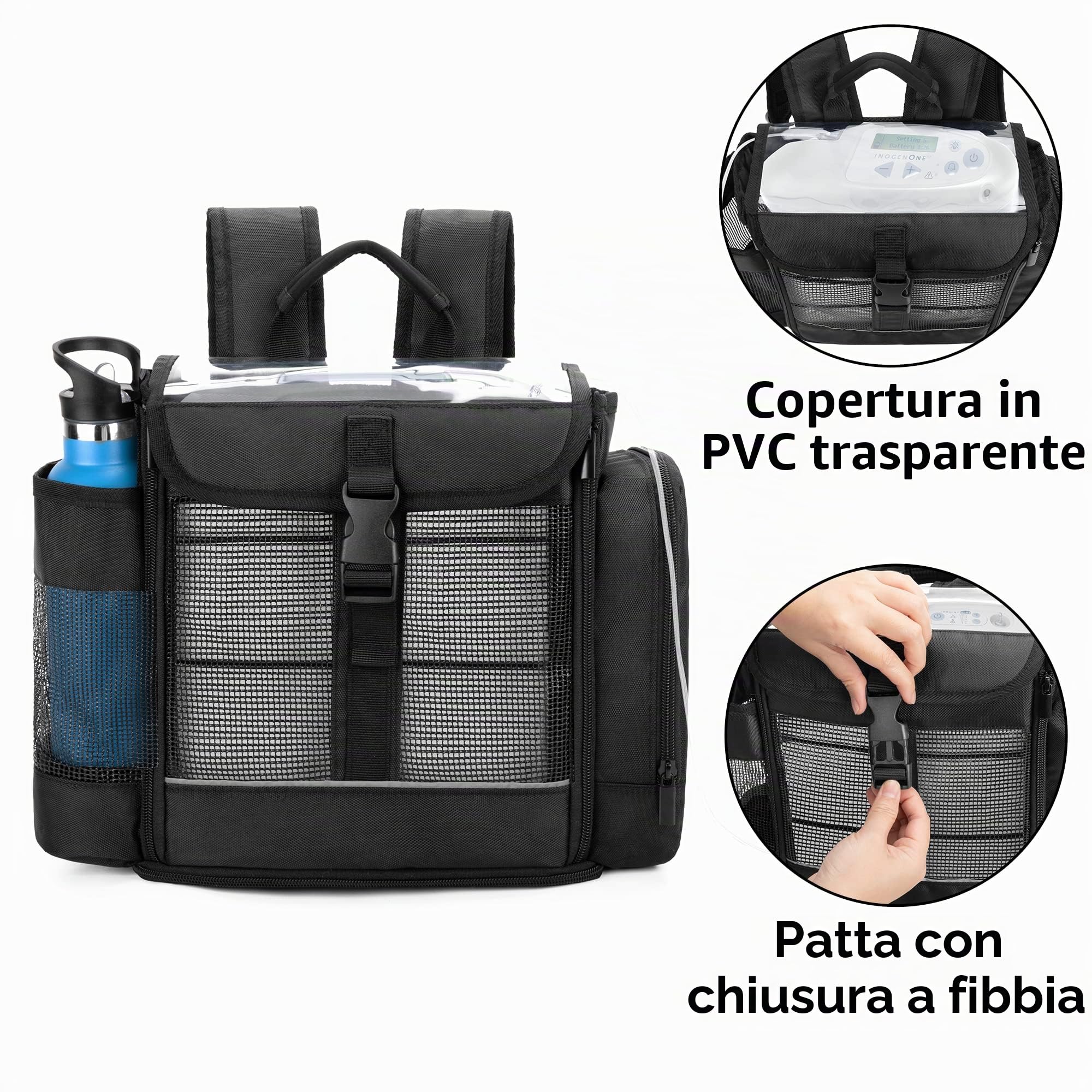 CURMIO Borsa da viaggio per concentratori di ossigeno portatili, compatibile con Inogen One, Oxygo, unità Caire, SimplyGo Mini, borsa da viaggio POC per macchina e accessori, Nero | Zaino da Viaggio per POC, Rete Traspirante, Apertura sul Fondo, Compatibi
