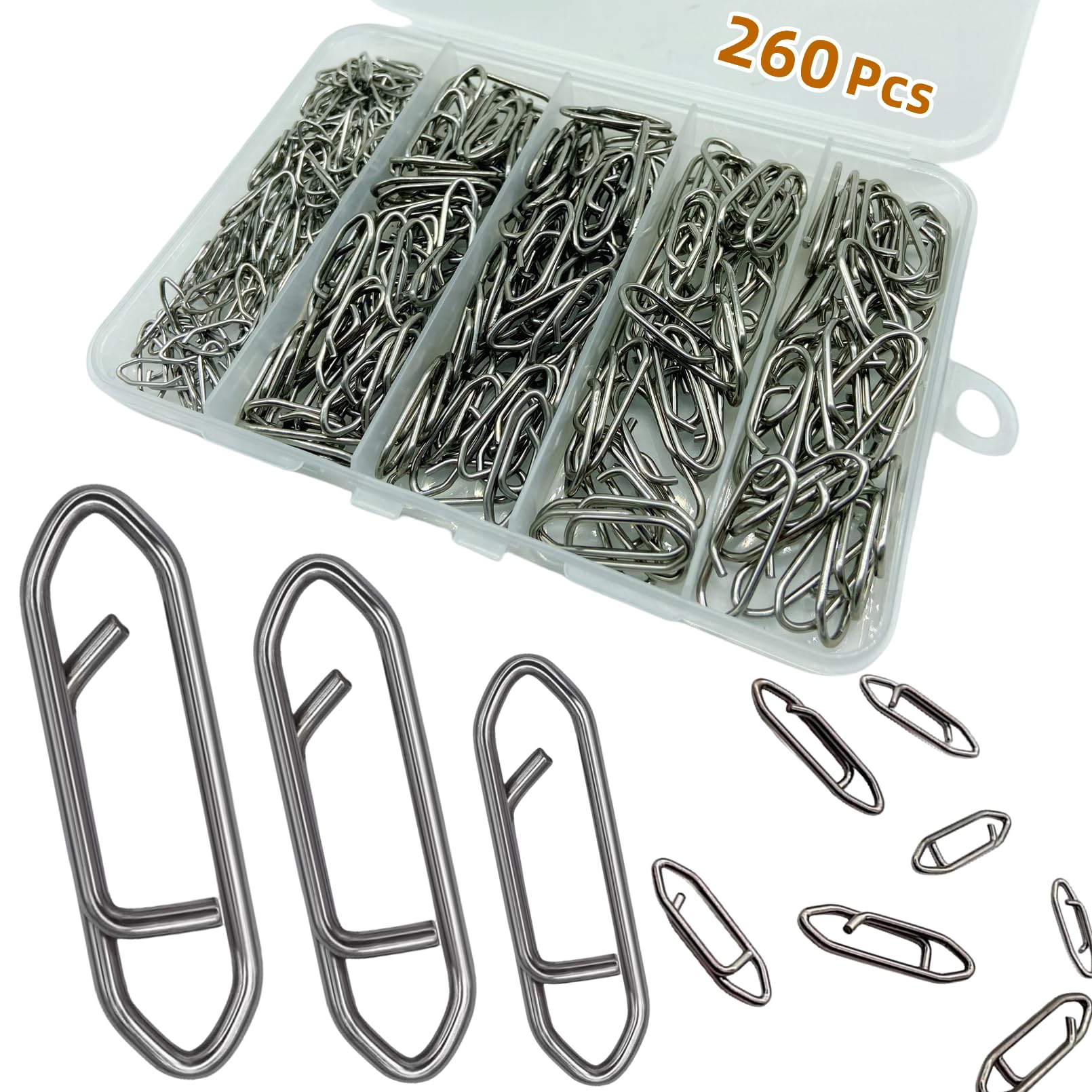 DAMIDEL 260Pcs/Box Stainless Steel Fishing Power Speed Clips (S:100Pcs,M:100Pcs,L:60Pcs) High Strength Fishing Connector Swivels Snaps for Quick Change Fishing Lure Tackle Saltwater Freshwater