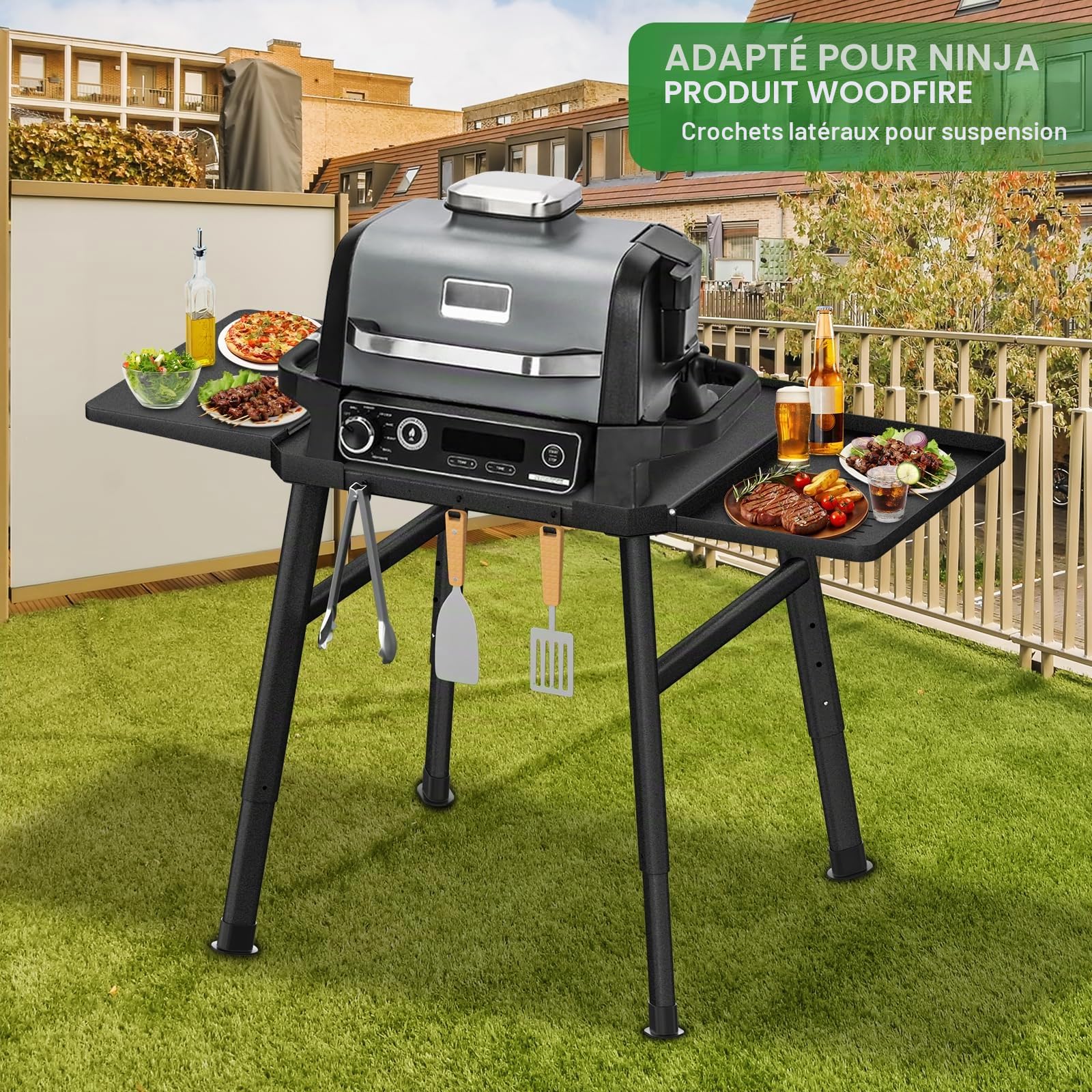 Support de barbecue pour barbecue d'extérieur Ninja Woodfire - Support électrique réglable en hauteur avec double table latérale - Support de four à pizza avec crochets de suspension