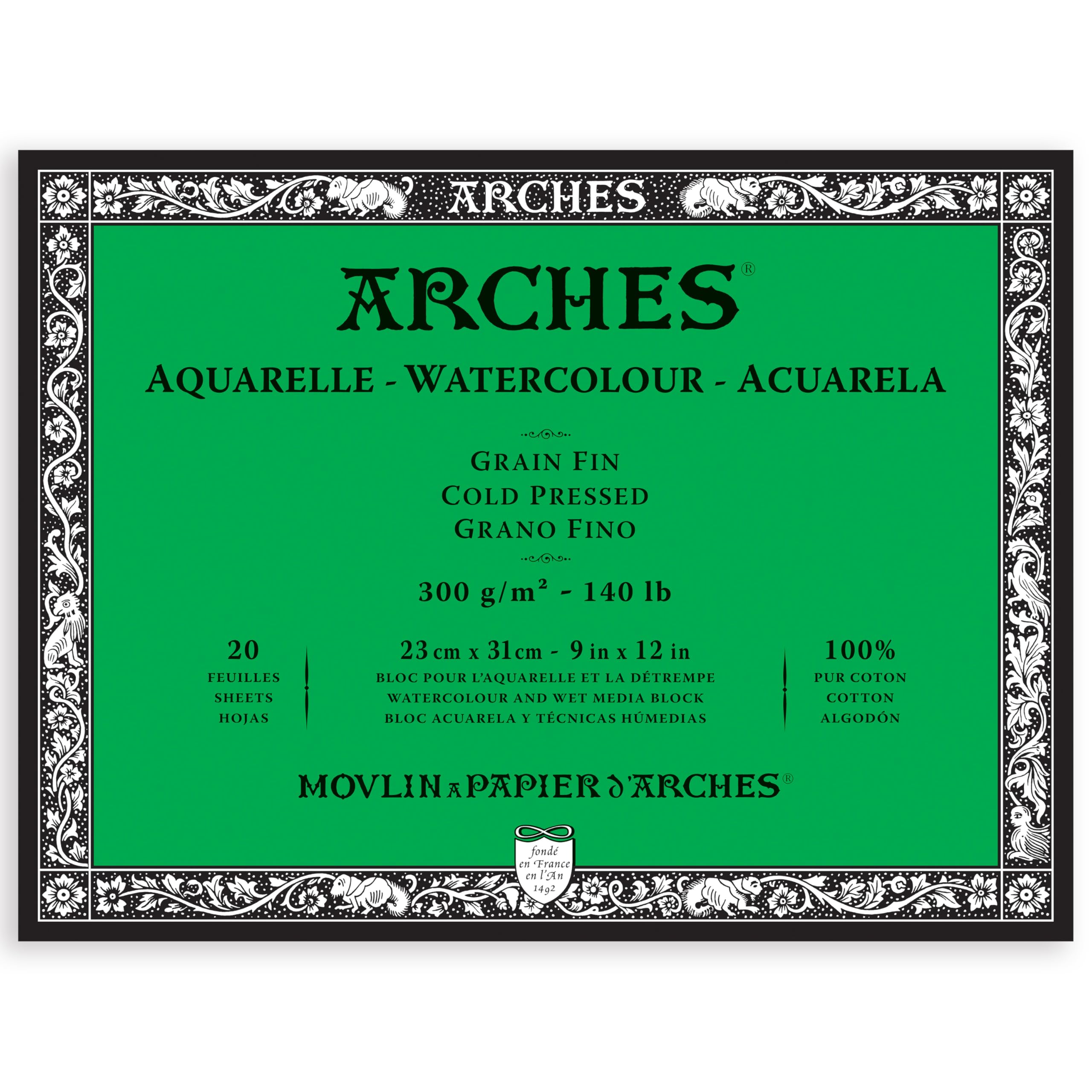 Arches Aquarelle 100% Fino 300g Bloc Encolado 4L 23x31 20 hojas Blanco Natural