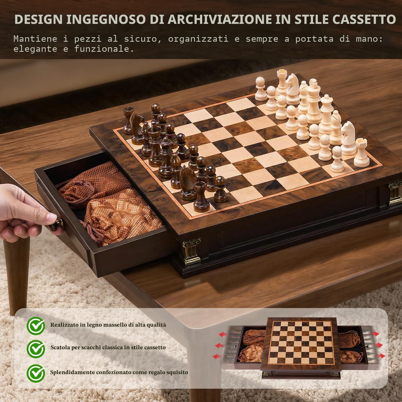 Peradix Set di scacchi magnetici a scacchi con 2 cassetti incorporati, 32 cm classici giochi in legno 2 in 1 con 2 regine extra per bambini e adulti, set da viaggio portatile da gioco di scacchi