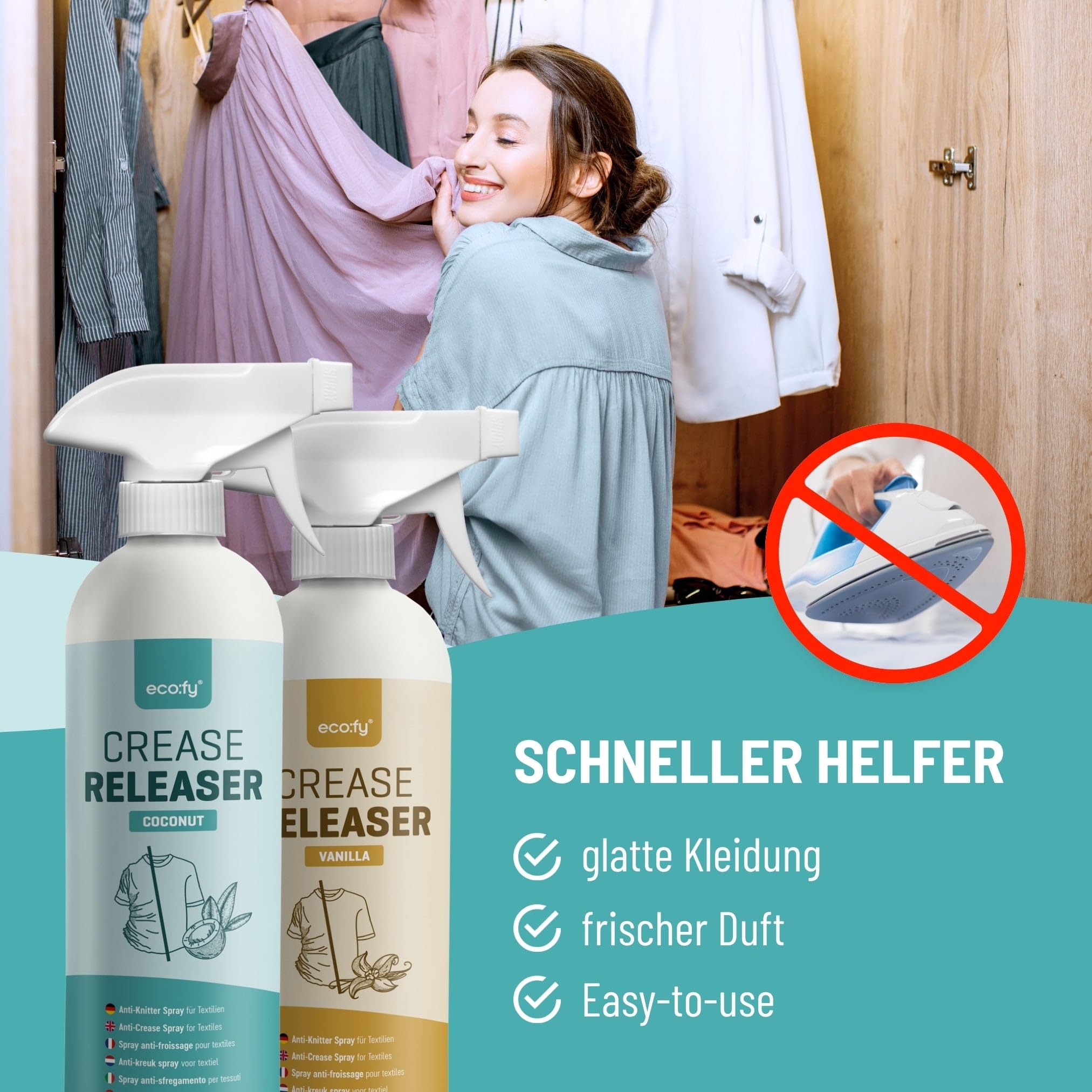 Antifaltenspray Kleidung Kokos, Faltenglatt Spray ohne Bügeln, Textilerfrischer, Bügelhilfe, Bügelspray ohne Bügeln, ideal für Reisen (500ml)