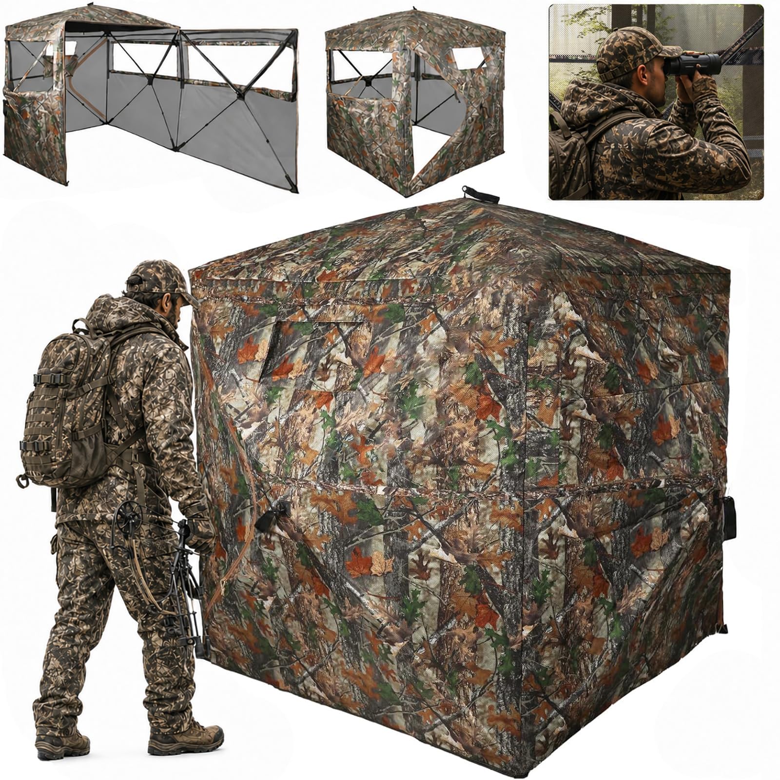 FUNHORUN Persiana de caza de 360 grados, transparente, doble puerta, para caza, 2/3 personas, portátil, camuflaje, ciervos/pavos, con paneles de seguridad naranja