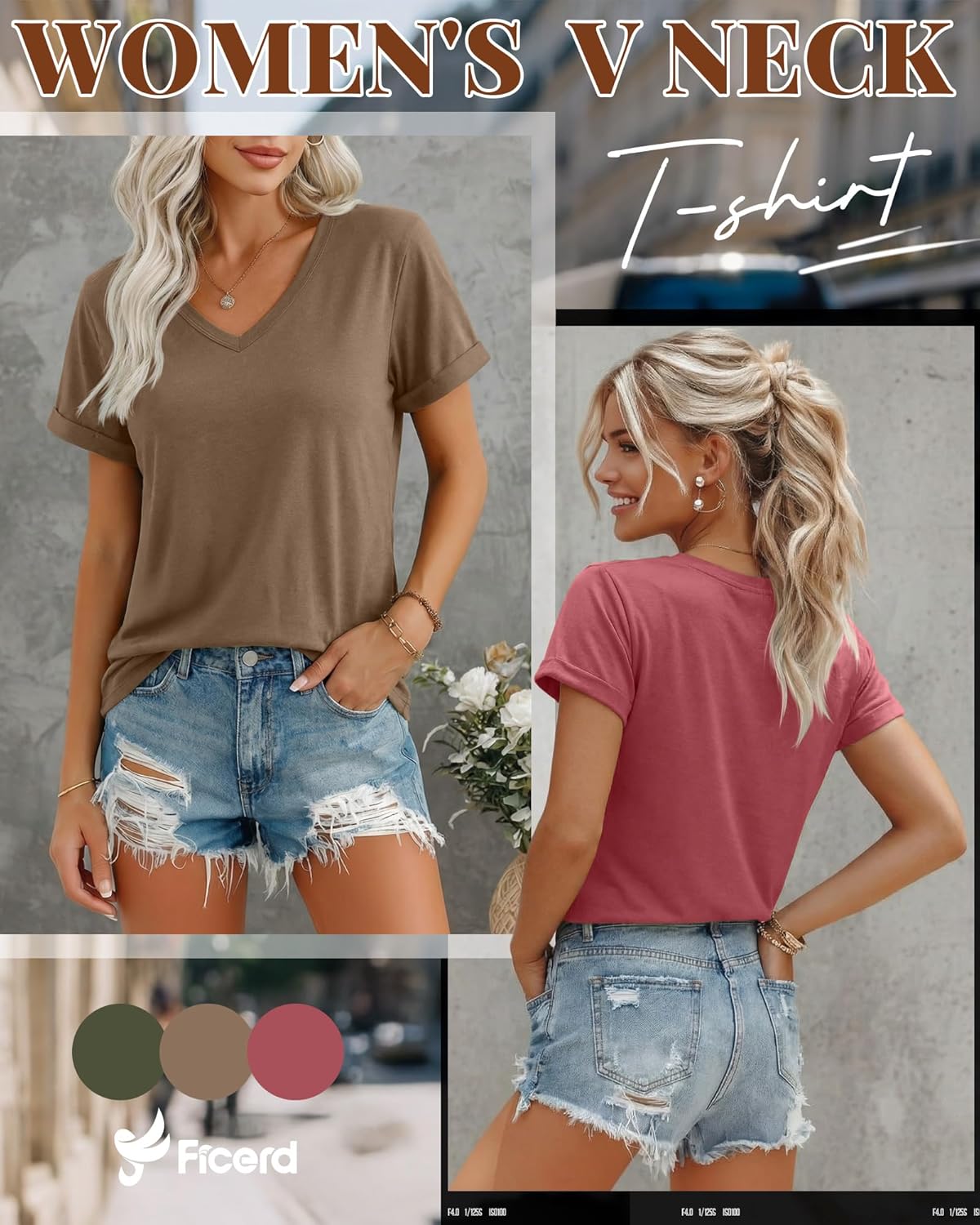 Ficerd 3 Pack Women's V Neck T Shirts, Summer Casual Short Sleeve Tops Loose Fit Rolled Sleeve Tees Trendy Shirts - Image 2