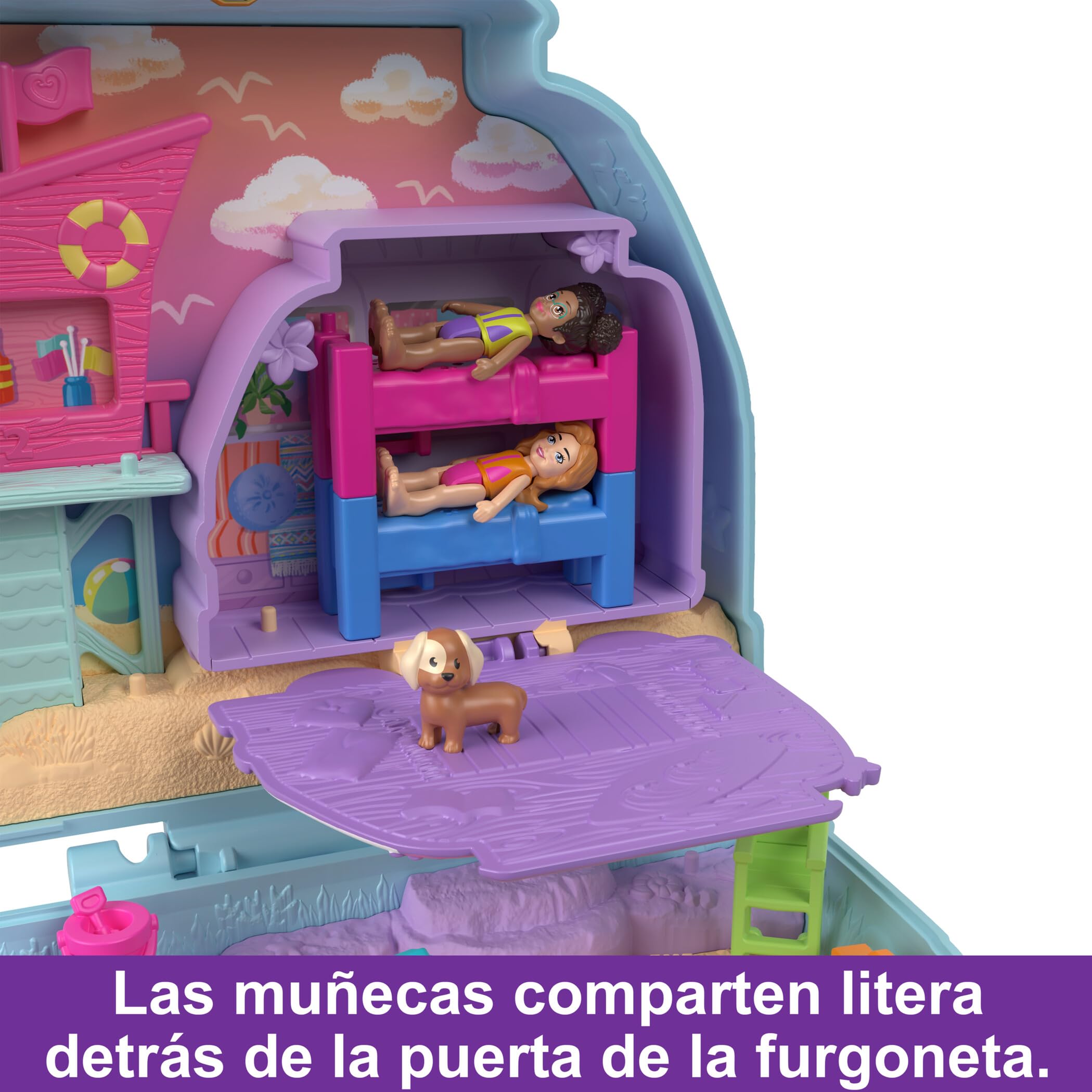 Polly Pocket Estuche Perrito en Caravana Set de Juego con muñecas, Mascota y Accesorios de Playa, Juguete +4 años (Mattel HRD36)