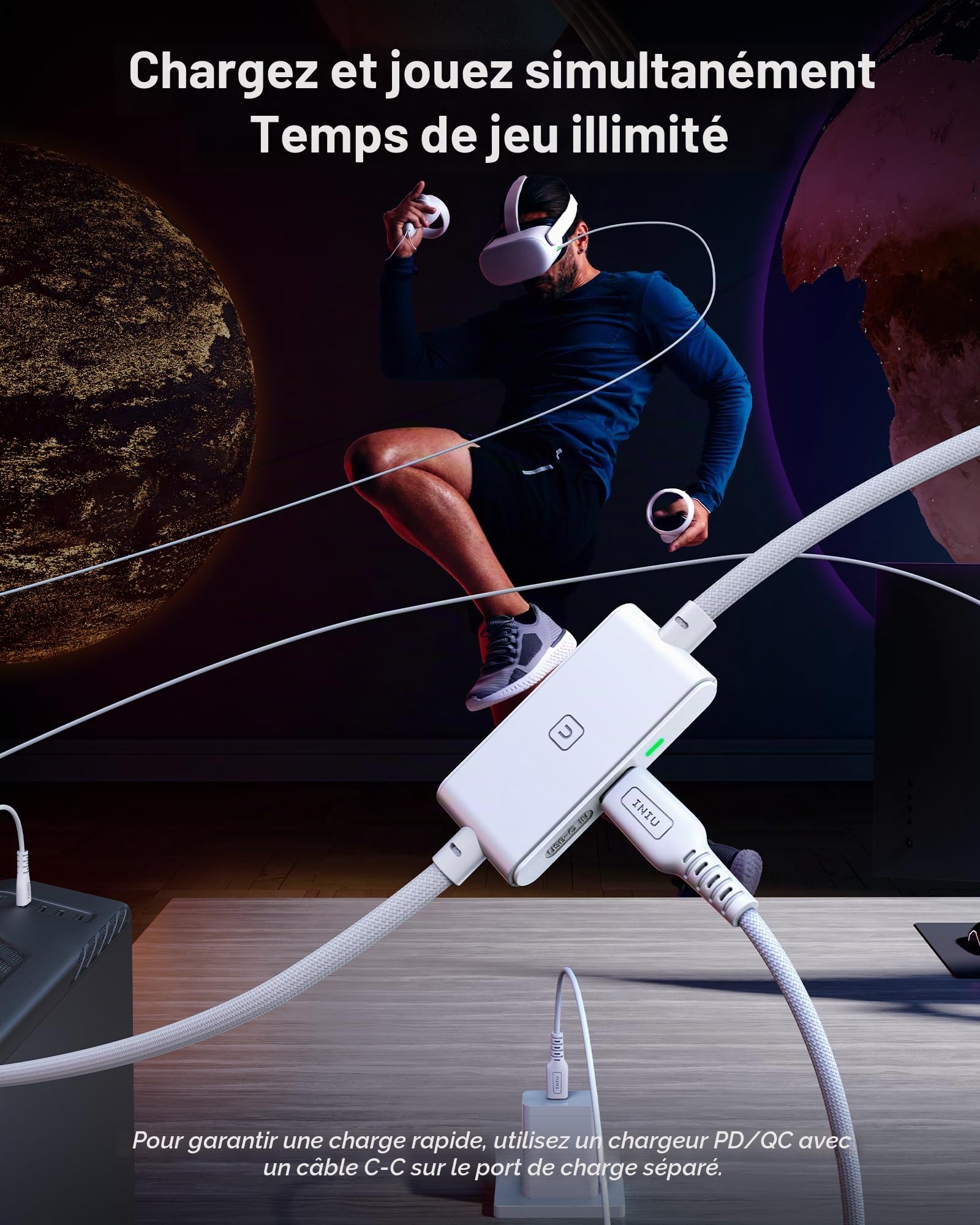 INIU Câble de liaison VR de qualité supérieure avec chargement, USB 3.0 compatible avec Meta Quest 3s, Oculus Quest 3/2/Pro, Pico 4, PC VR et Steam VR – Accessoire VR blanc parfait, choix de cadeau
