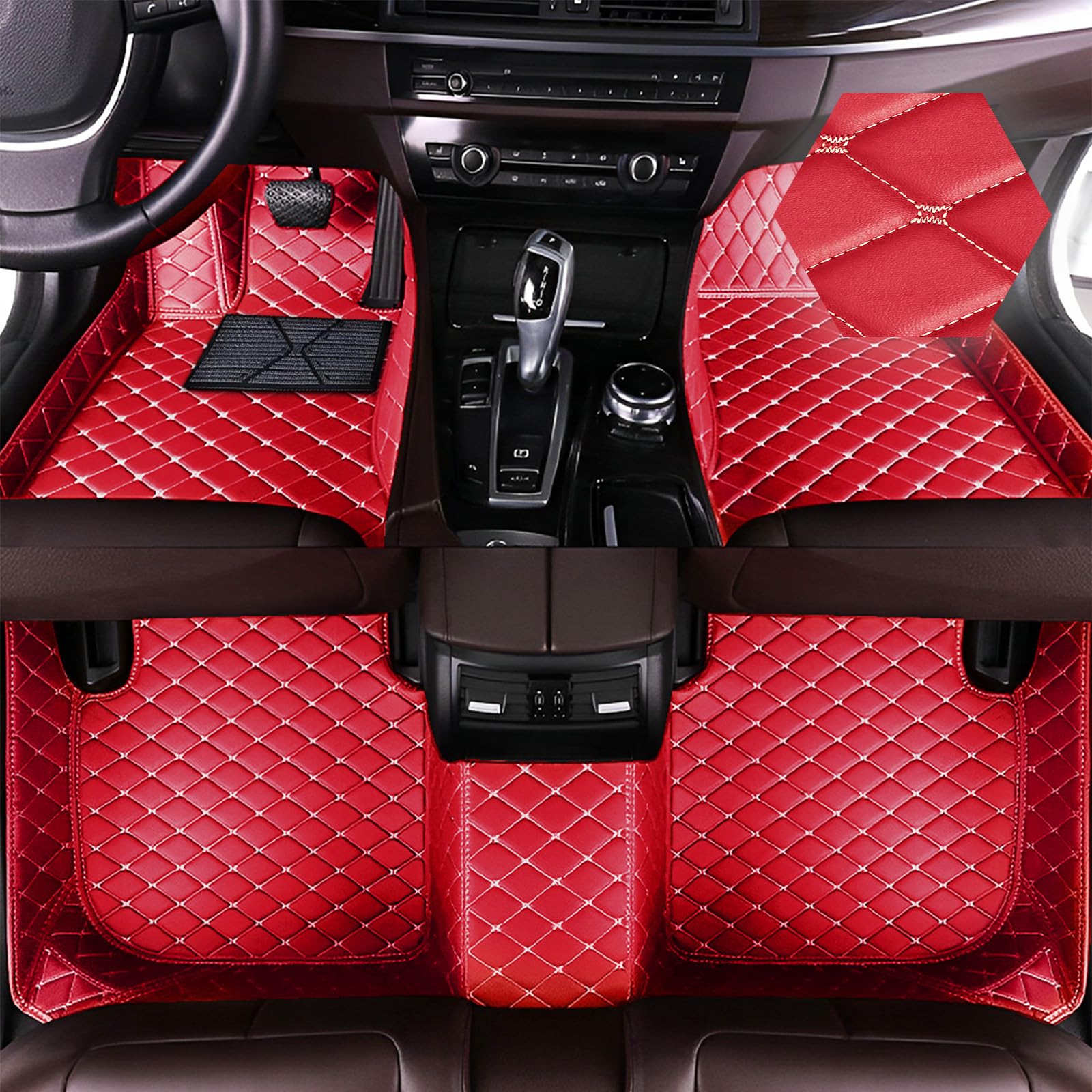 Car Floor Mats for Ford Mustang 2022-2023, Luxury Leather Full Coverage Floor Liner All Weather Protection Carpet. (Full Set/Red-Cream Color)