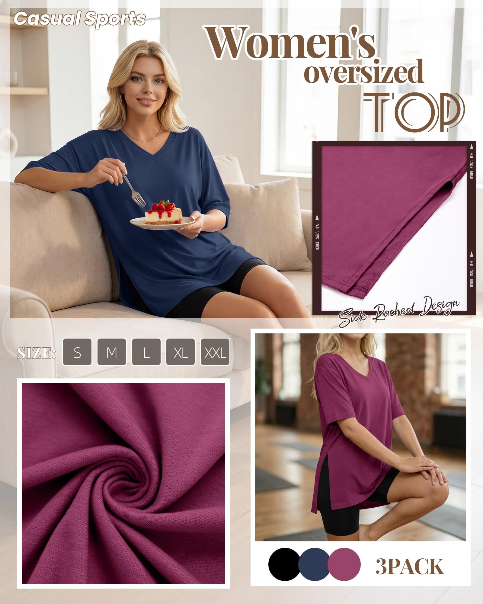 Geyoga Lot de 3 T-Shirts Oversize pour Femme, col V, Maille décontractée, Manches Courtes, Fentes latérales, Coupe Ample, Tuniques Tendance