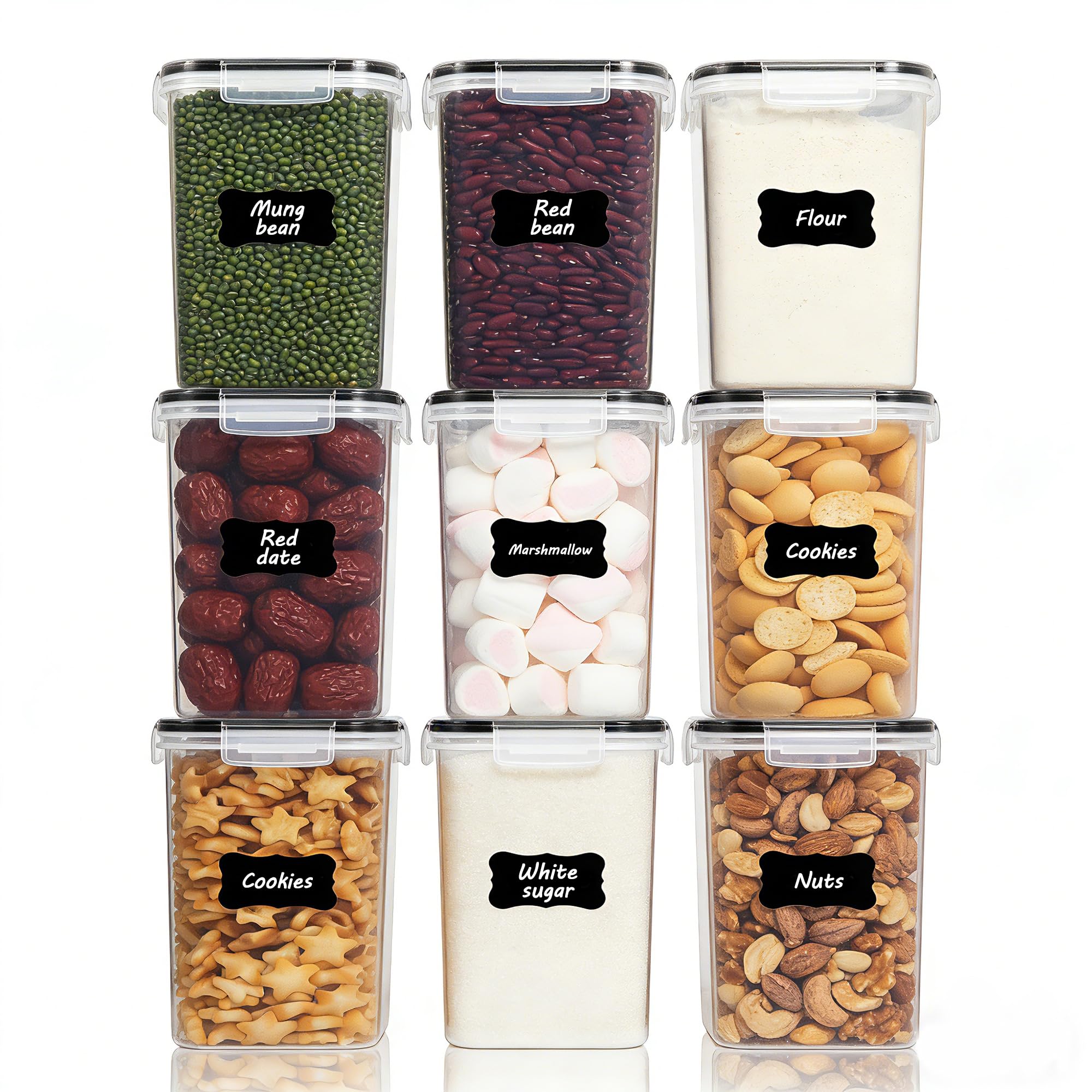 Vtopmart 2L Vorratsdosen Set, Müsli Schüttdose & Frischhaltedosen, BPA frei Kunststoff, luftdicht,Trockenfutterbehälter, Satz mit 9, 24 Etiketten für Getreide, Mehl, Zucker usw (Schwarz)