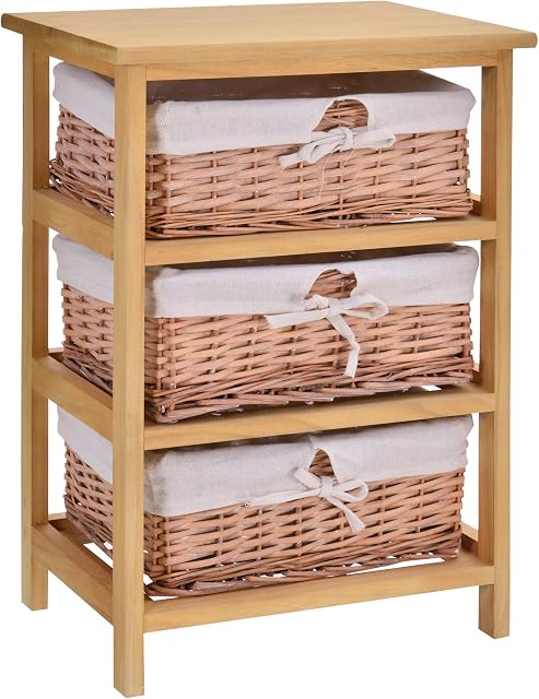 HOMCOM 3 Drawer Dresser Wicker Basket Storage Shelf Unit Wooden Frame Home Organisation Cabinet Bedroom Office Furniture Natural Finish 58x40cm