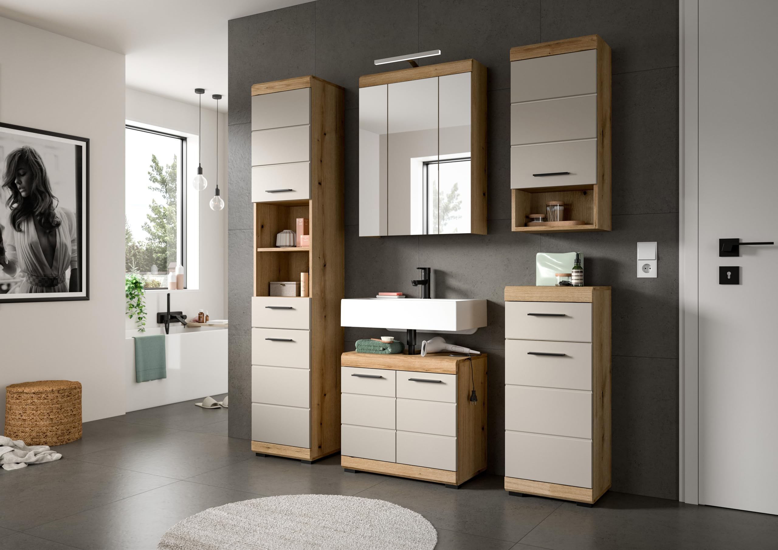 xonox.home – Badkombination Scout 60x191x34 cm in Evoak Oak und Kaschmir Nachbildung matt – Schmale Badkombination mit viel Stauraum – platzsparend – Bild 5