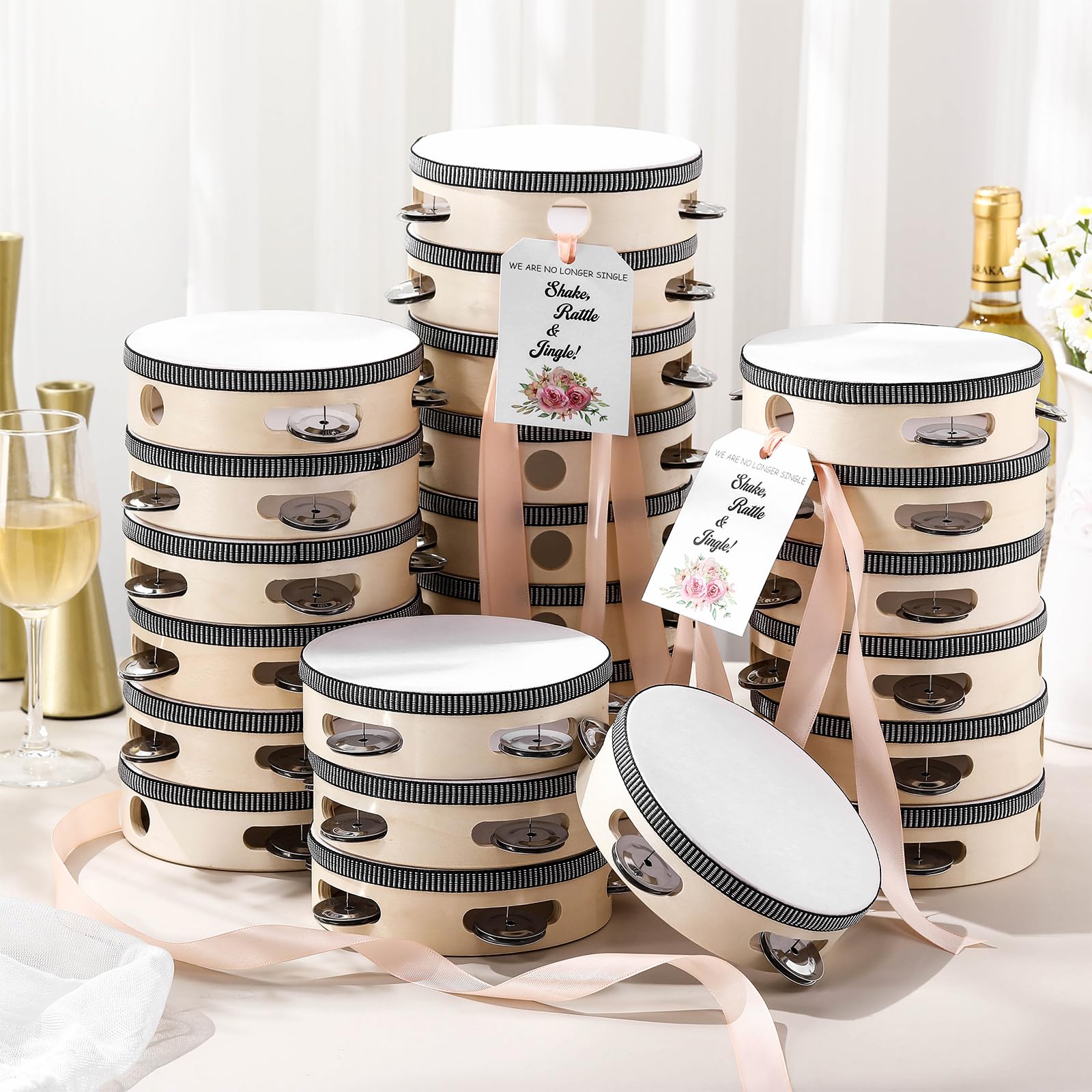Set di 24 tamburelli da 15,2 cm, per adulti, in legno, con sonagli in metallo, etichette regalo, nastro beige, strumento musicale a percussione per chiesa, matrimoni, bomboniere