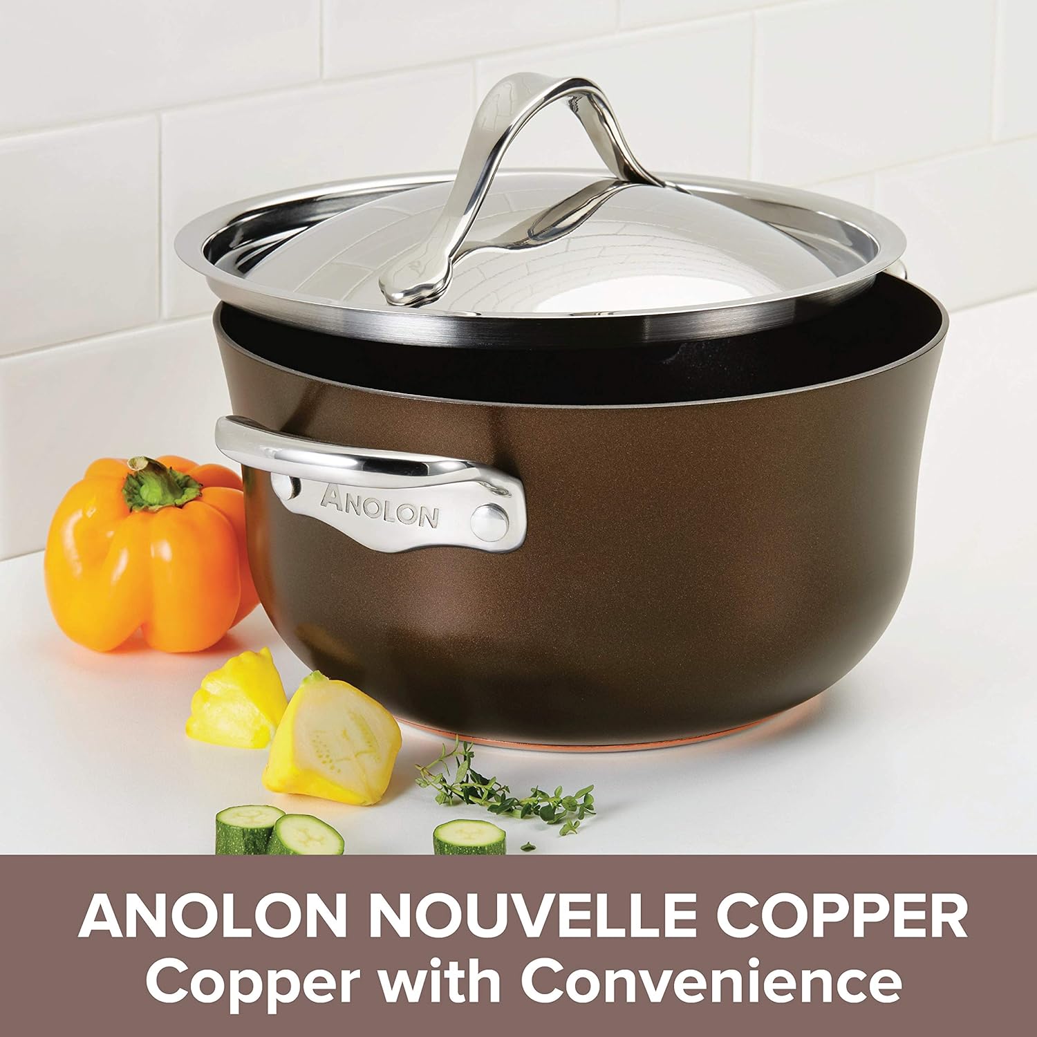 🔥 Anolon Nouvelle Copper Luxe Hard Anodized Nonstick Dutch Oven/Stockpot/Saucepan with Stainless Steel Lid/Induction Suitable/Dishwasher Safe, 4 Quart, Sable Brown