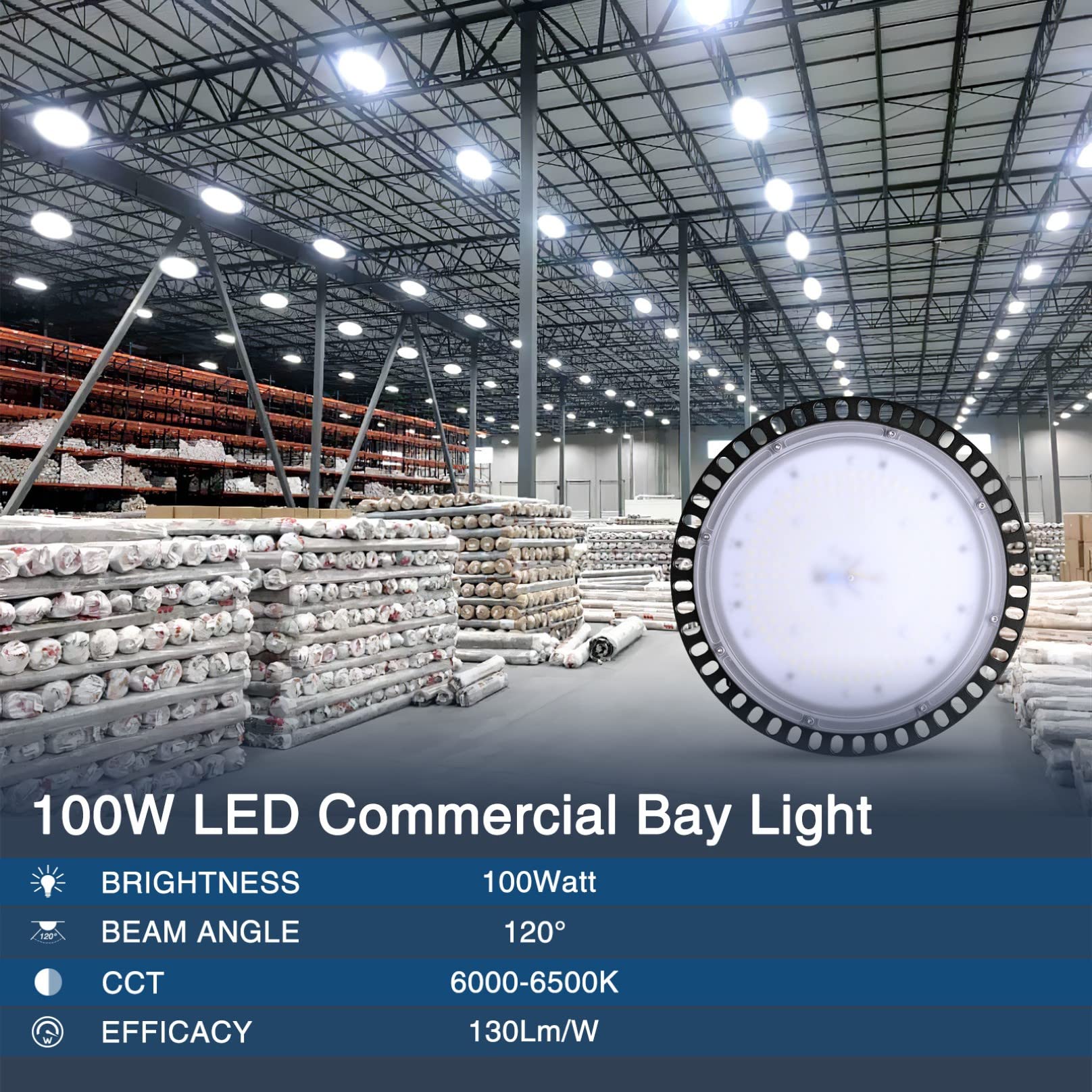 100W UFO LED High Bay Lights 8000Lm Super Bright Warehouse Lighting 110V 6500K Cold White Commercial Bay Light — view 3