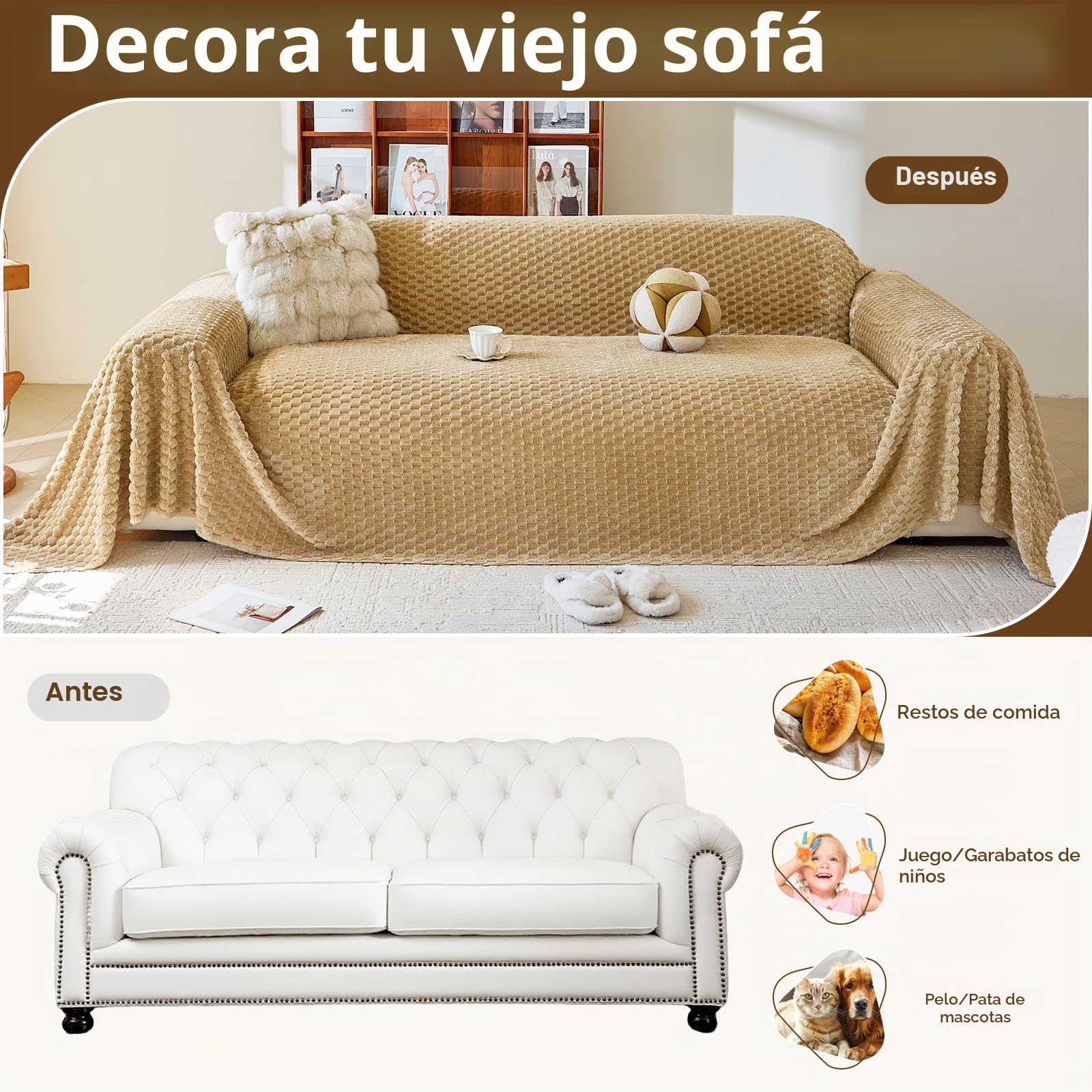 Royhom Manta Cubre Sofa Peluda, Funda Sofa 3 Plazas, Funda para Sofá Camel, Fundas Sofá con Base Antideslizante, Antiarrugas (Peluda Camel, 180x340 cm)