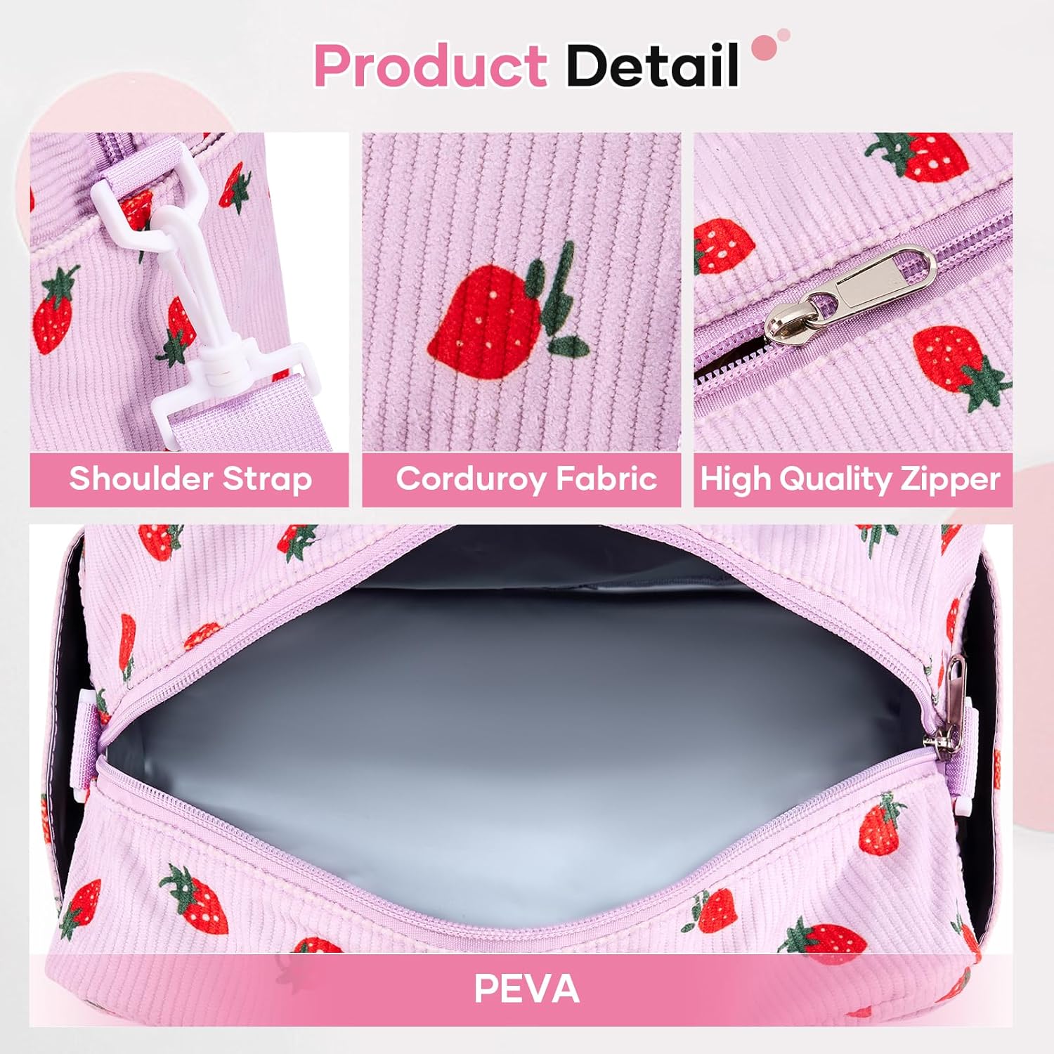 Cute Lunch Bag for Women, Corduroy Insulated Lunch Box for Work Lunch Tote Bag Women, Reusable Insulated Cooler Strawberry Lunch Box for Travel - Image 5