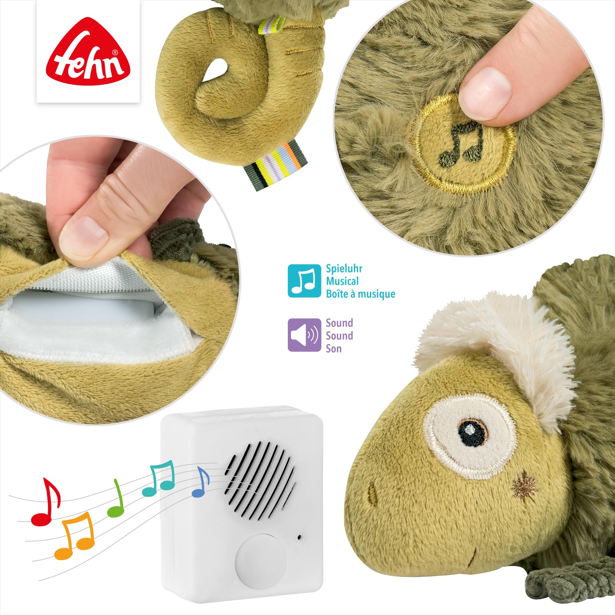 Fehn Einschlafhilfe Chamäleon – Baby Einschlafhilfe mit Soundmodul: Chamäleon Kuscheltier mit entnehmbaren elektronischem Soundmodul mit Cry-Sensor, Spieluhr für Babys und Kleinkinder ab 0+ Monaten