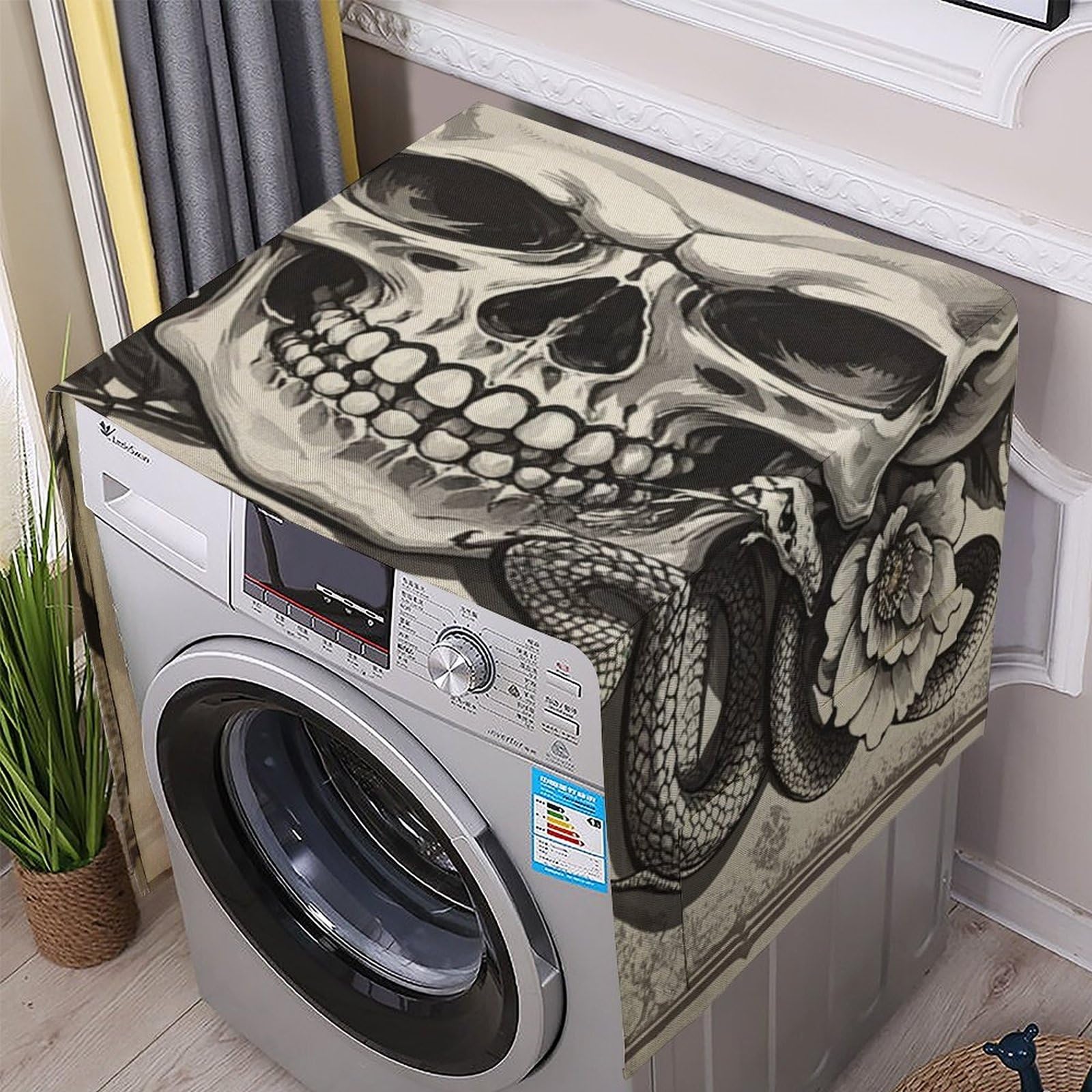 Fodpand White Washing Machine Cover For Top Load Dustproof Terrifying Skull Washer And Dryer Cover With Storage Pockets Household Appliance Covers Washable Top Protector Mat Pad For Laundry & Kitchen