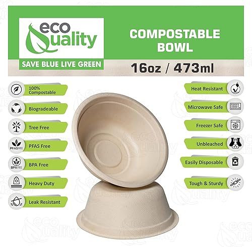 Miniatura 2 de Paquete de 25 Cuencos de papel compostables de 16 onzas, cuencos desechables de alta resistencia, bagazo natural ecológico sin blanquear, uso