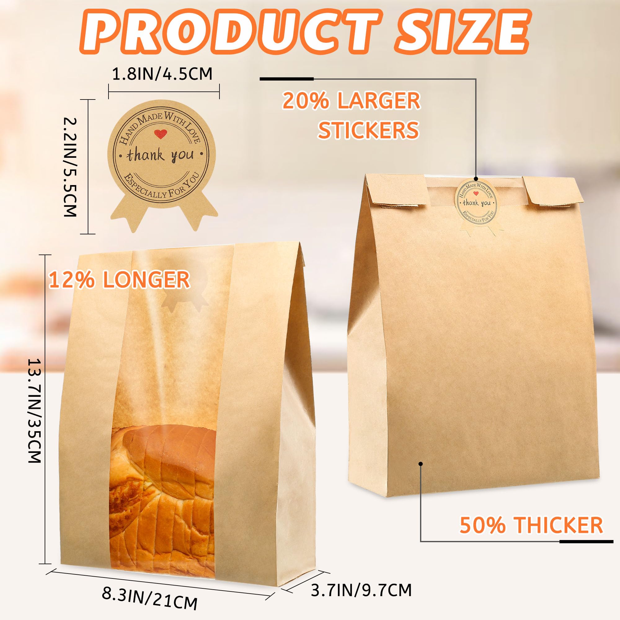 50 bolsas de pan para pan casero con ventana, bolsas de papel de masa madre (13.7 x 8.2 x 3.7 pulgadas), para almacenamiento de bolsas de pan para galletas, aperitivos y pan casero, incluyendo 50